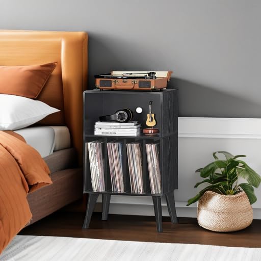 Lerliuo Record Player Stand, Black Turntable Stand Holds up to 160 Albums, Mid-Century Vinyl Storage Cabinet Table with Solid Wood Legs, Record Player Holder Dispaly Shelf for Bedroom Living Room