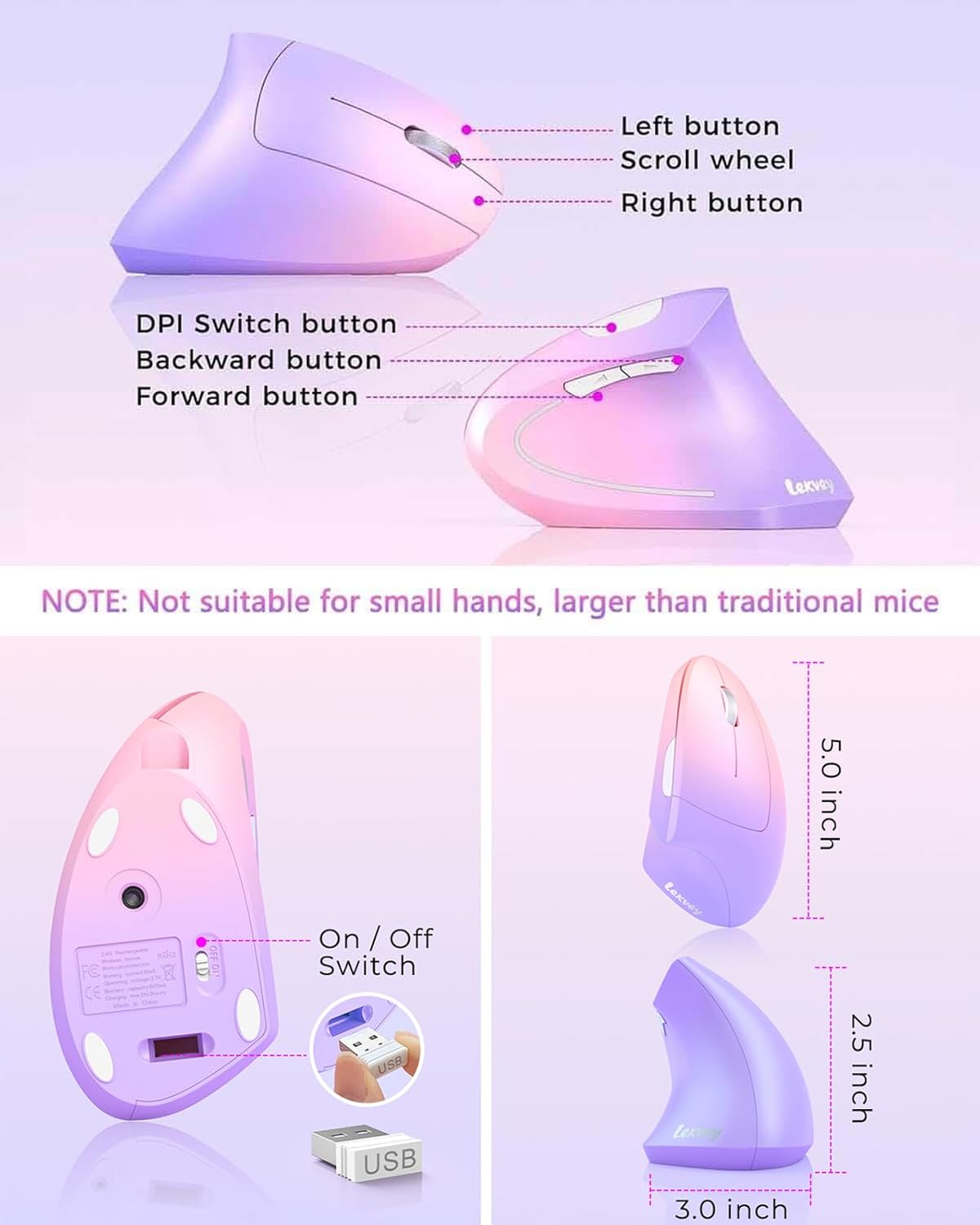 Lekvey Ergonomic Mouse, Vertical Wireless Mouse Rechargeable 2.4 GHz Optical Carpal Tunnel Mouse : 800/1200 / 1600 DPI, 6 Buttons, for Laptop, PC, Computer, Desktop, Notebook etc, Pink to Purple