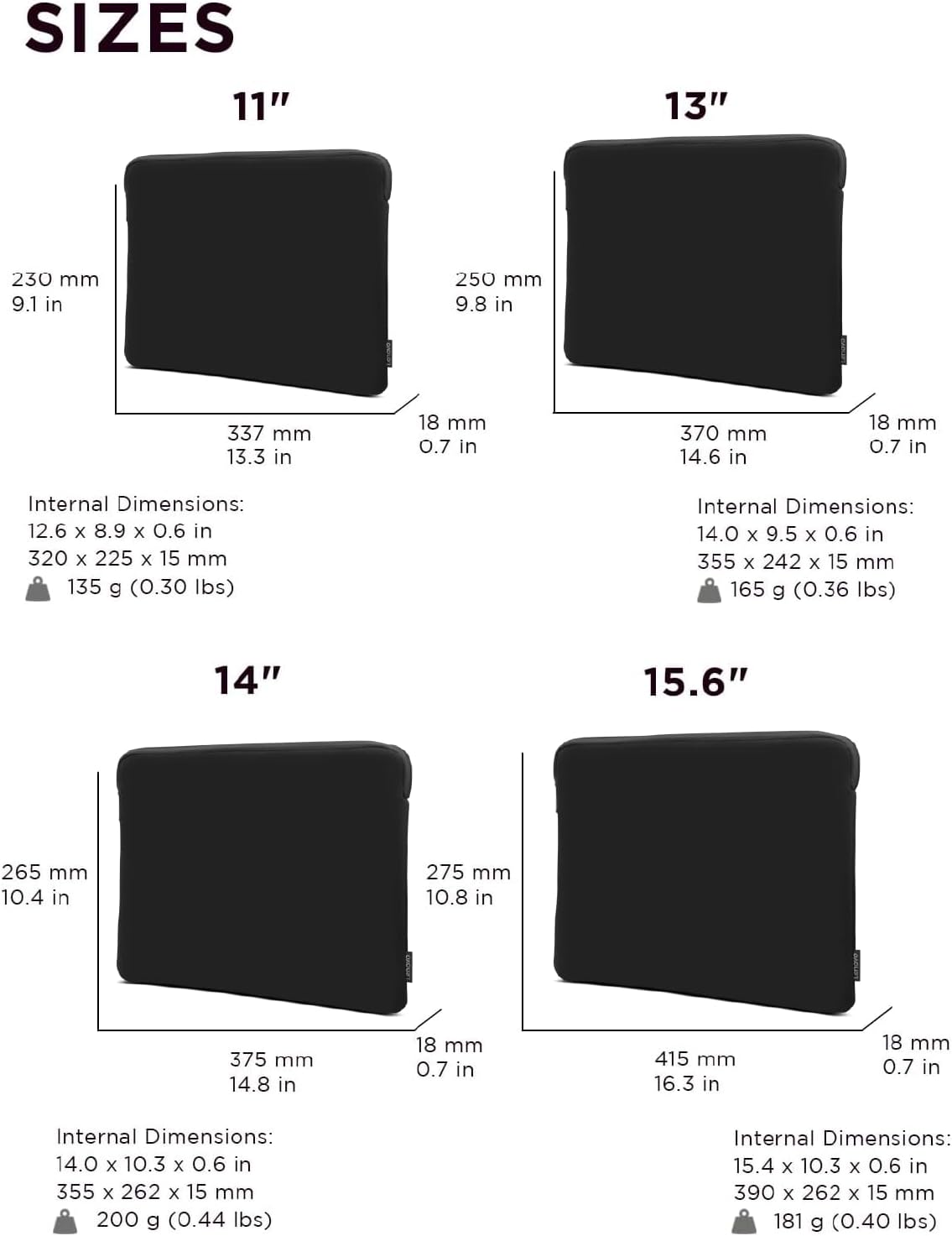 Lenovo Basic Laptop Sleeve 13 Inch Notebook/Tablet Compatible with MacBook Air/Pro Neoprene Material - Soft Fleece Lining - Zippered Top Opening - Black