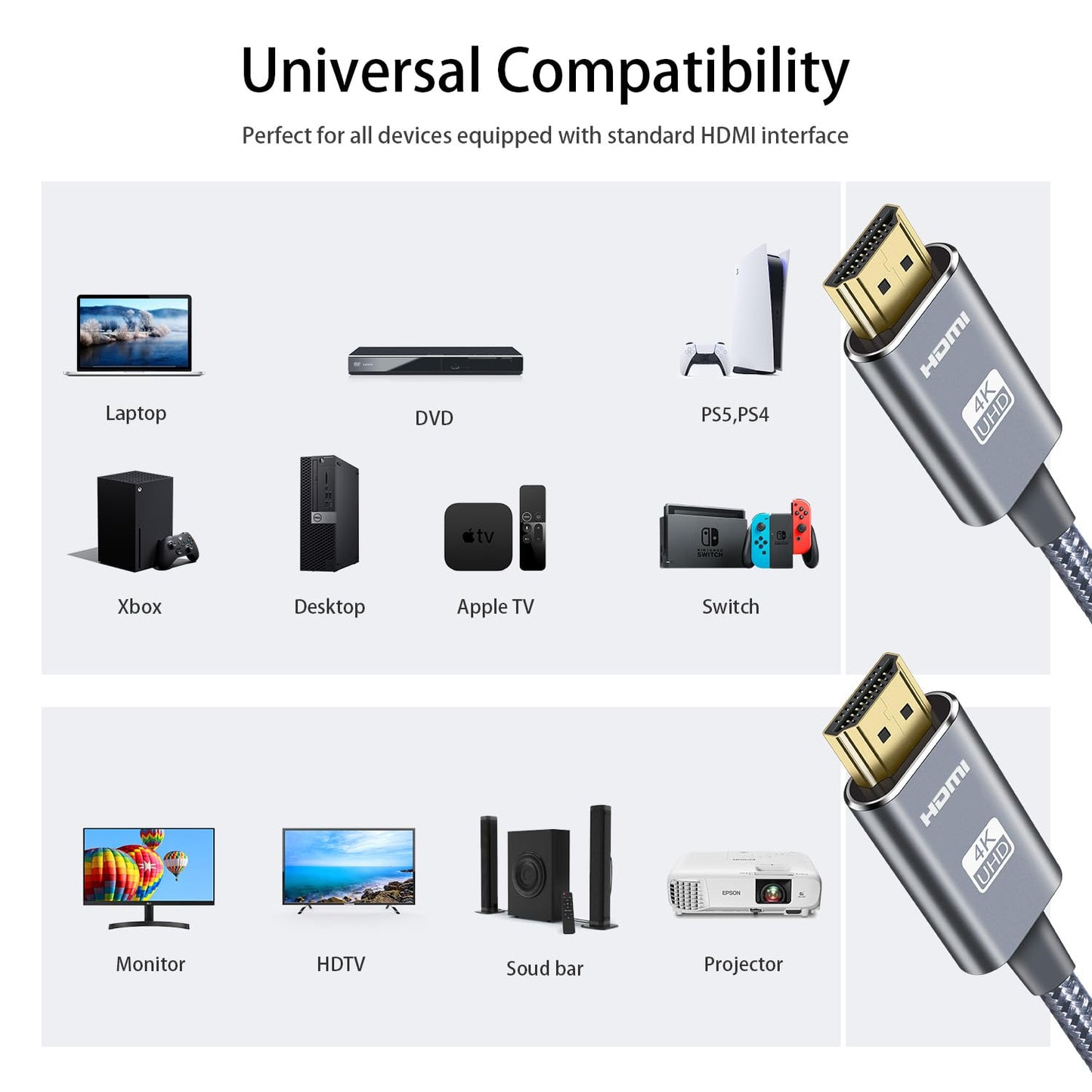 LEADSTAR HDMI Cable 4K 3 ft / 1m, High Speed HDMI 2.0 Cord Braided | 4K@60Hz, Ultra HD, 2160p, ARC, HDR, 3D, HDCP 2.2 | for Xbox, PS5, TV, Laptop, Monitor