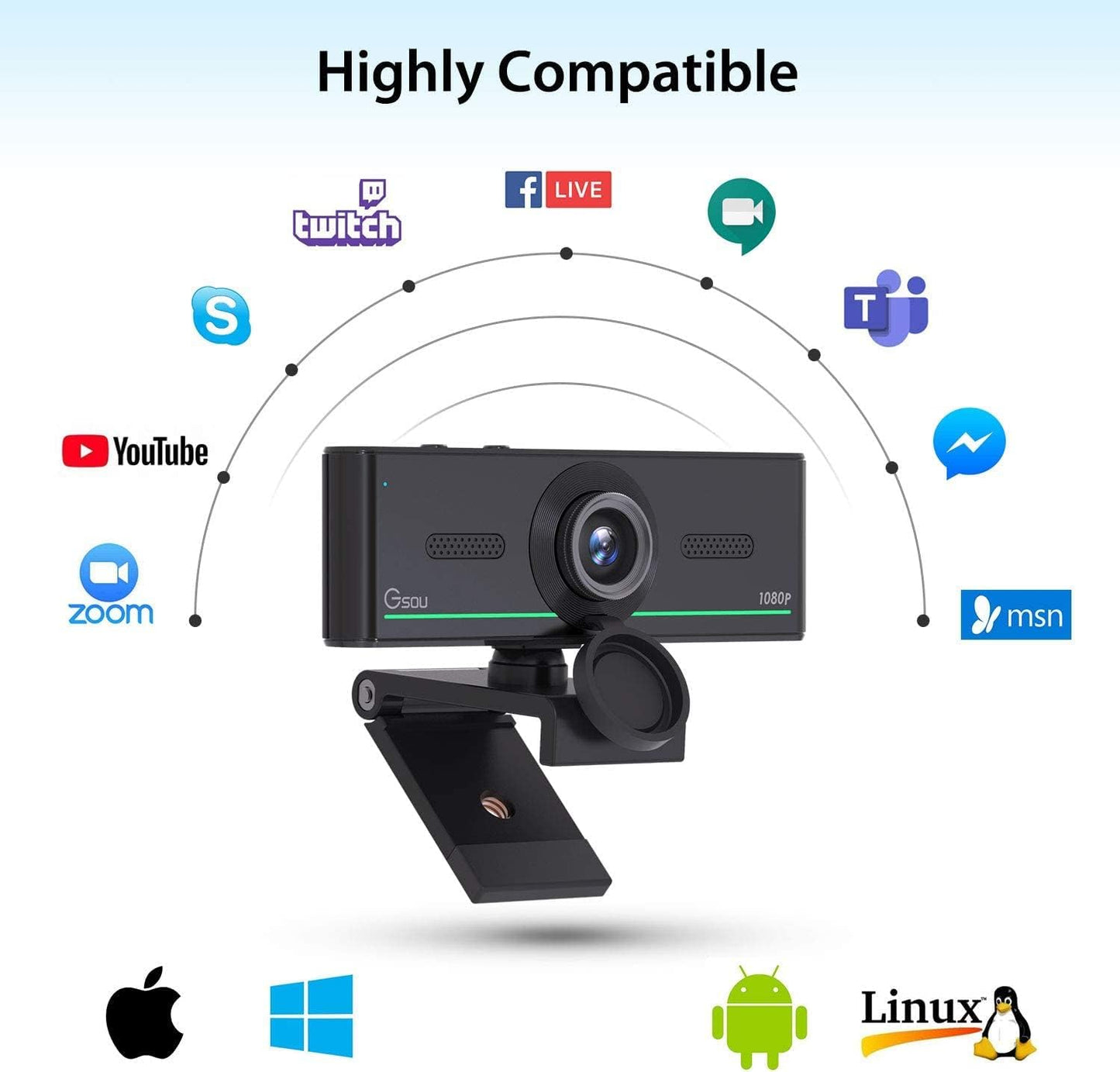 1080P Webcam with Microphone for Desktop, Computer Webcam Connect Bluetooth Headset/Earphone/Speaker, Streaming Webcams for Live Skype Teams, PC Web Camera for Streaming,Bluetooth only for Audio