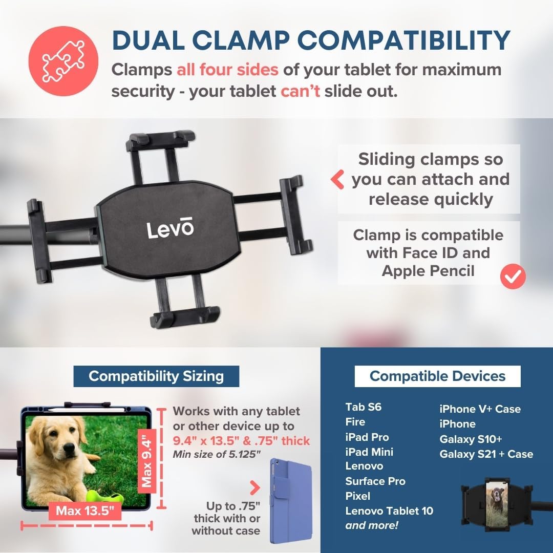 Levo G2 Deluxe Tablet Floor Stand with 5-Axis Arm for iPad, Kindle, Samsung, Universal Fit Adjustable Height 30-56 Inches Hands-Free Use in Bed, Sofa, Office Gunmetal Grey