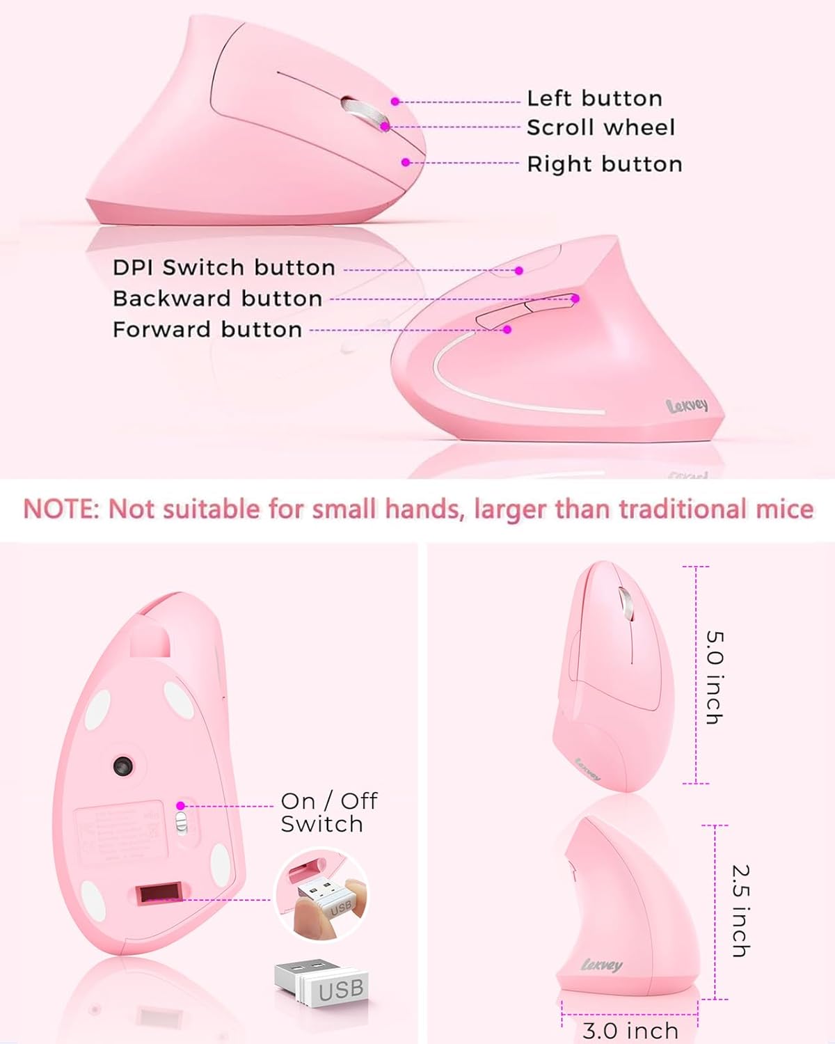 Lekvey Ergonomic Mouse, Vertical Wireless Mouse, Rechargeable 2.4 GHz USB Optical Carpal Tunnel Mice : 800/1200 / 1600 DPI, 6 Buttons, for Laptop, PC, Computer, Desktop, Notebook etc, Pink