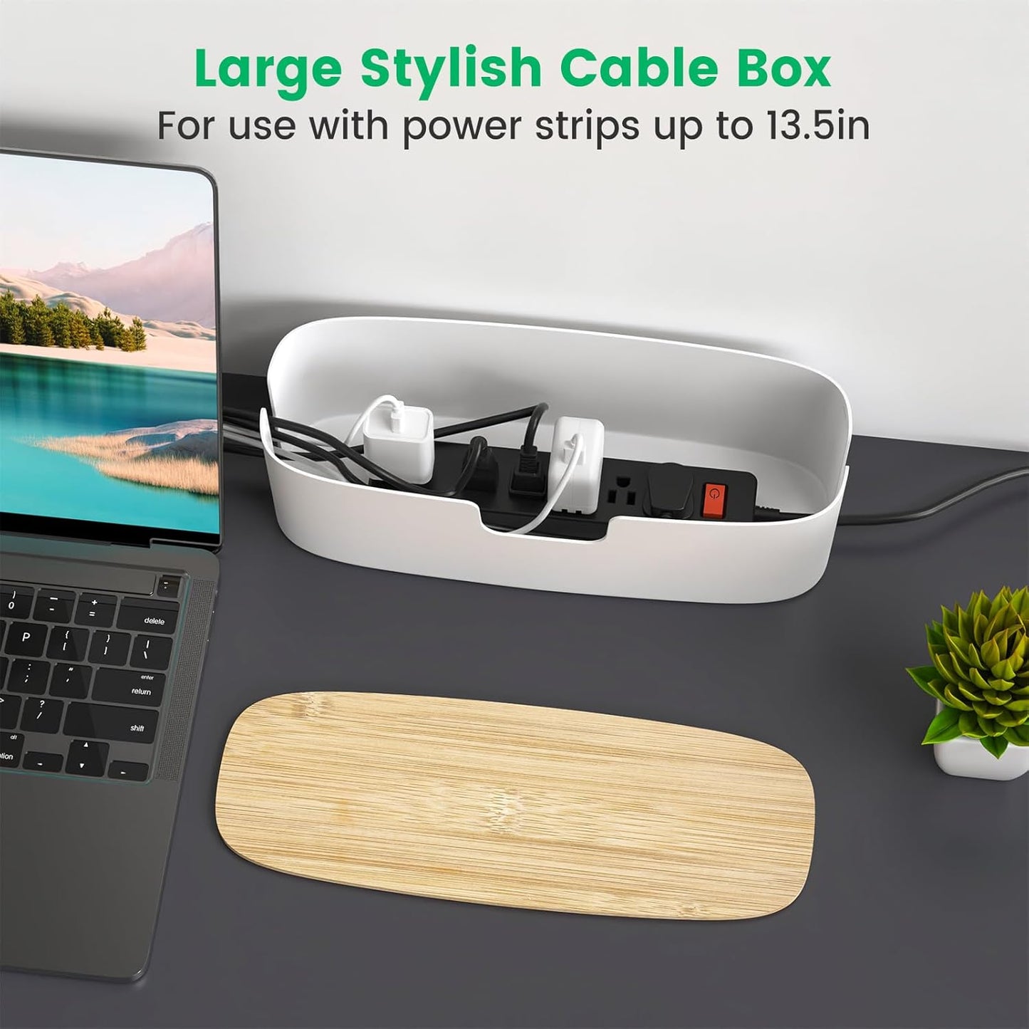 Large Cable Management Box - Cord Organize Box with Bamboo lid for Safe Home & Office, Cord Hider for Power Strip Under Desk, Cover TV Wires, Child & Pet Proof Cord Box, White