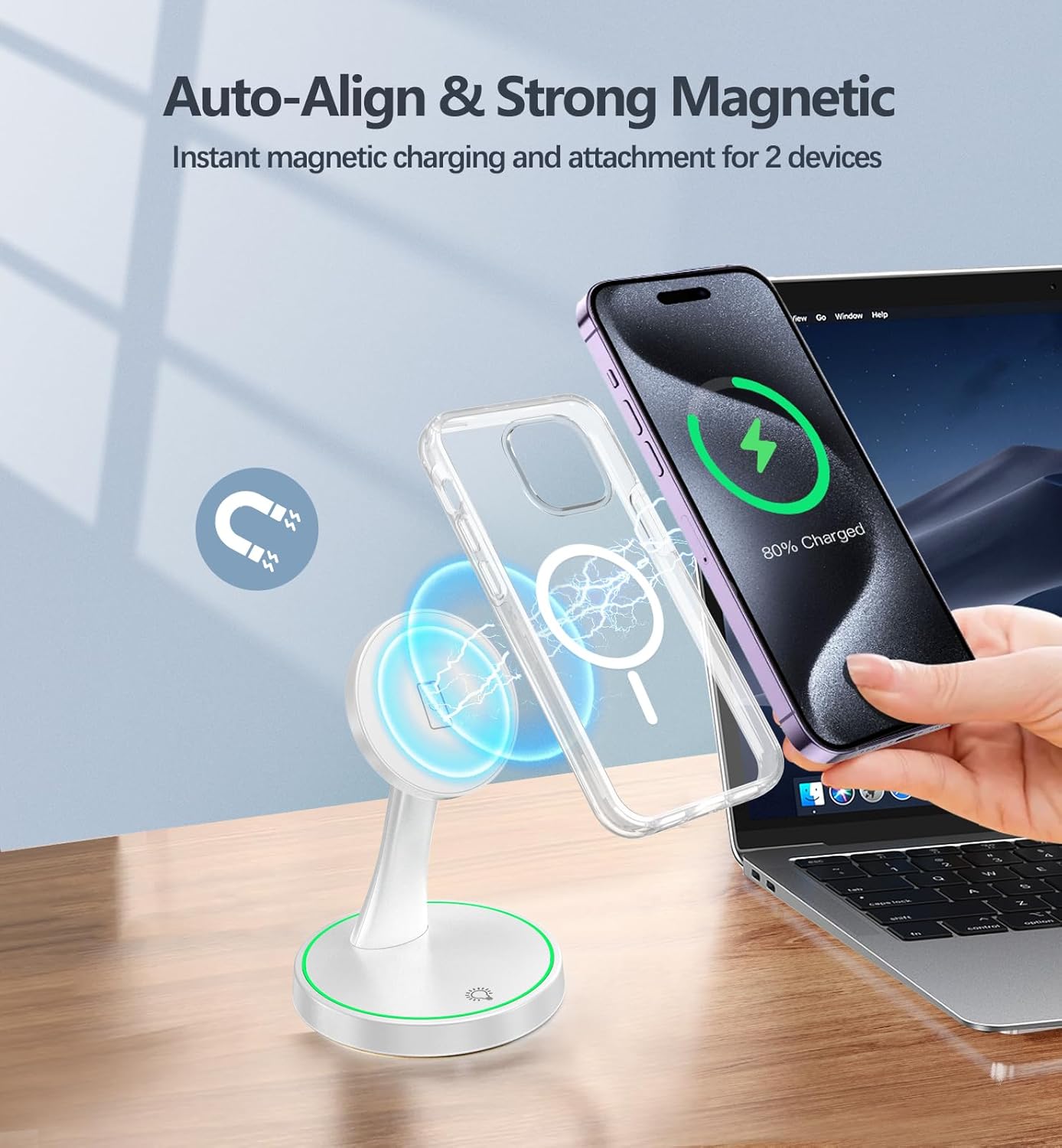 2 Pack Magnetic Wireless Charger Stand 15W Fast Mag-Safe Charger for iPhone 16/16 Pro/16 Plus/16 Pro Max/15/14/13/12 Series Magnet Wireless Charging Station/Pad with Sleep-Friendly Light for AirPods