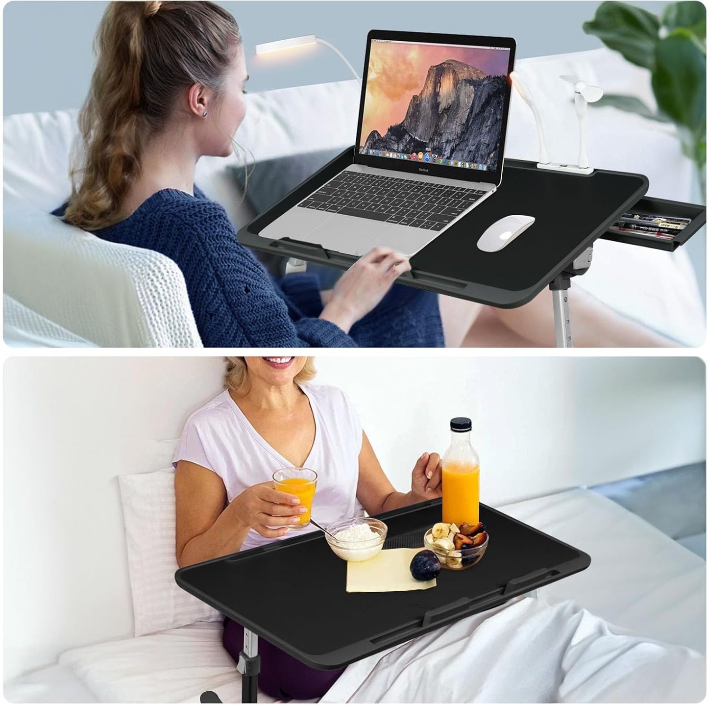 Laptop Lap Desk Include Cooling Fan,Adjustable Lap Desk with Light Fan,Folding Laptop Desk for Bed with USB,Bed Desk with Storage Drawer 56 * 32cm,Black