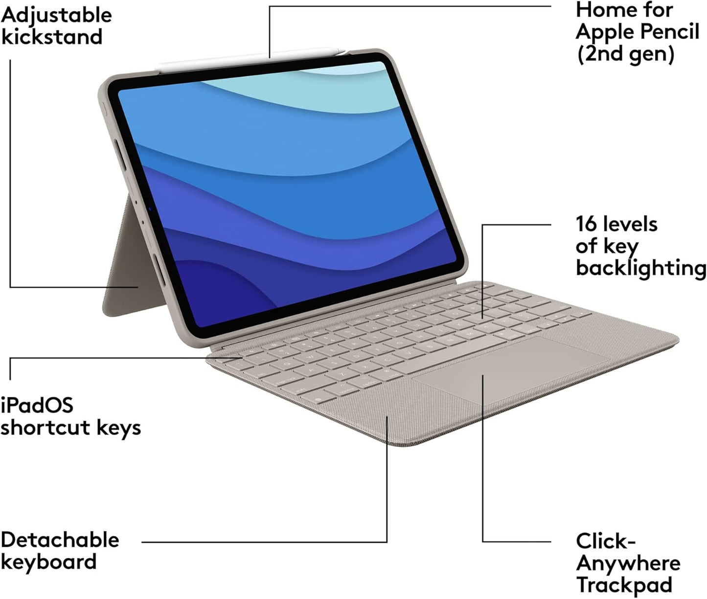 Logitech Combo Touch iPad Pro 11-inch (1st, 2nd, 3rd, 4th gen - 2018, 2020, 2021, 2022) Keyboard Case - Detachable Backlit Keyboard, Click-Anywhere Trackpad - Sand; USA Layout