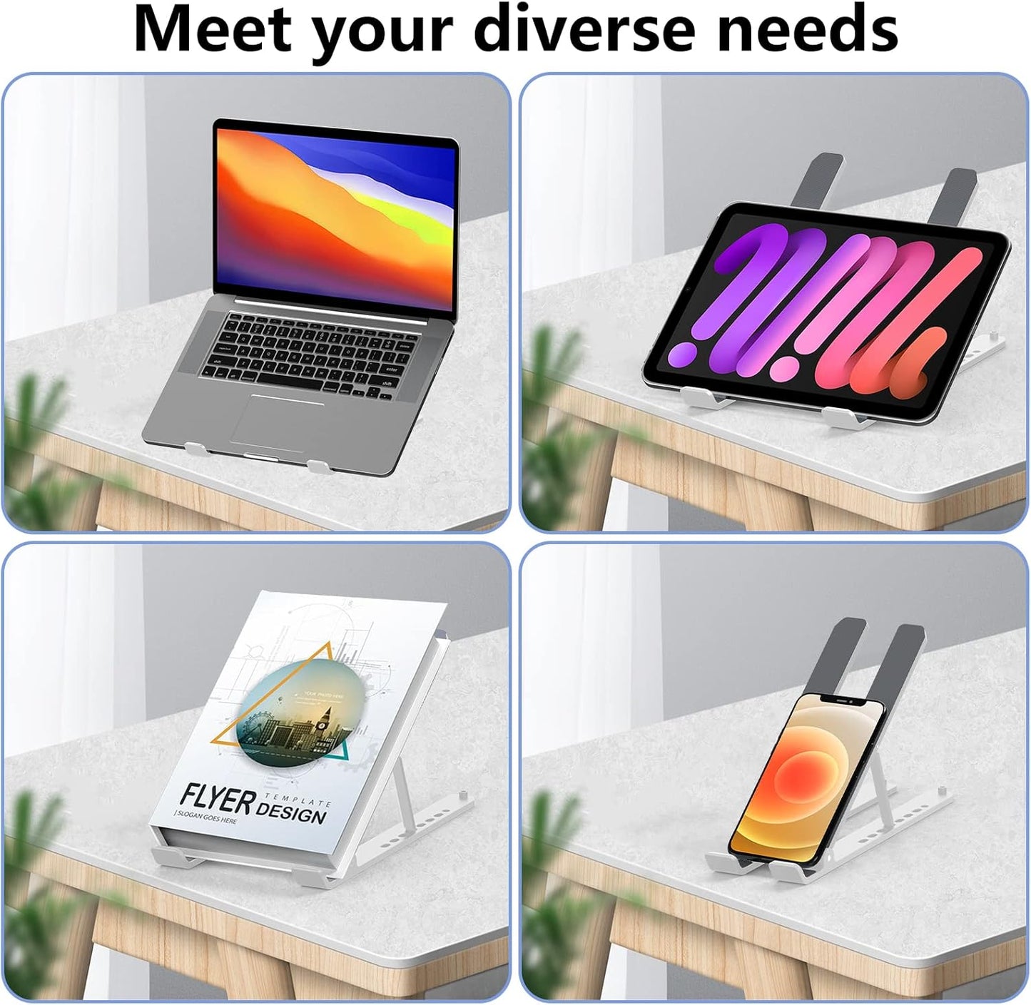 Laptop Stand for Desk, Adjustable Laptop Riser ABS+Silicone Foldable Portable Notebook Holder, Ventilated Cooling Notebook Mount Computer Stand for 10-15.6” Laptops,Tablets-White