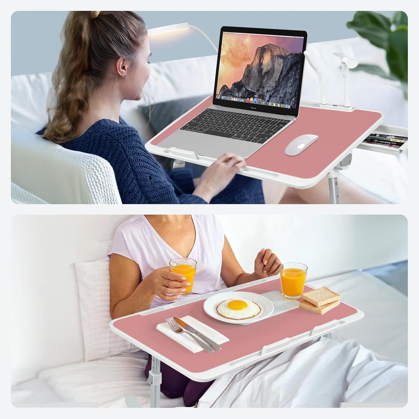 Laptop Lap Desk Include Cooling Fan,Adjustable Lap Desk with Light Fan,Folding Laptop Desk for Bed with USB,Bed Desk with Storage Drawer 60x40cm,Pink