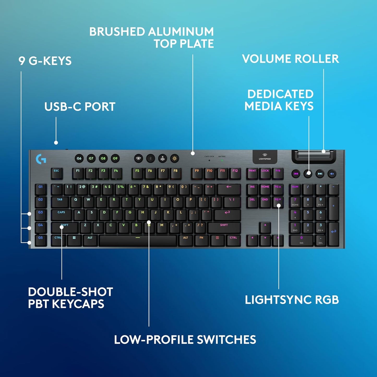 Logitech G915 X Lightspeed Wireless Mechanical Gaming Keyboard, Double-Shot PBT Keycaps, Fully Programmable Keys, RGB Backlit Mac/PC Gaming Keyboards, Aluminum Finish, GL Clicky Switches, Black