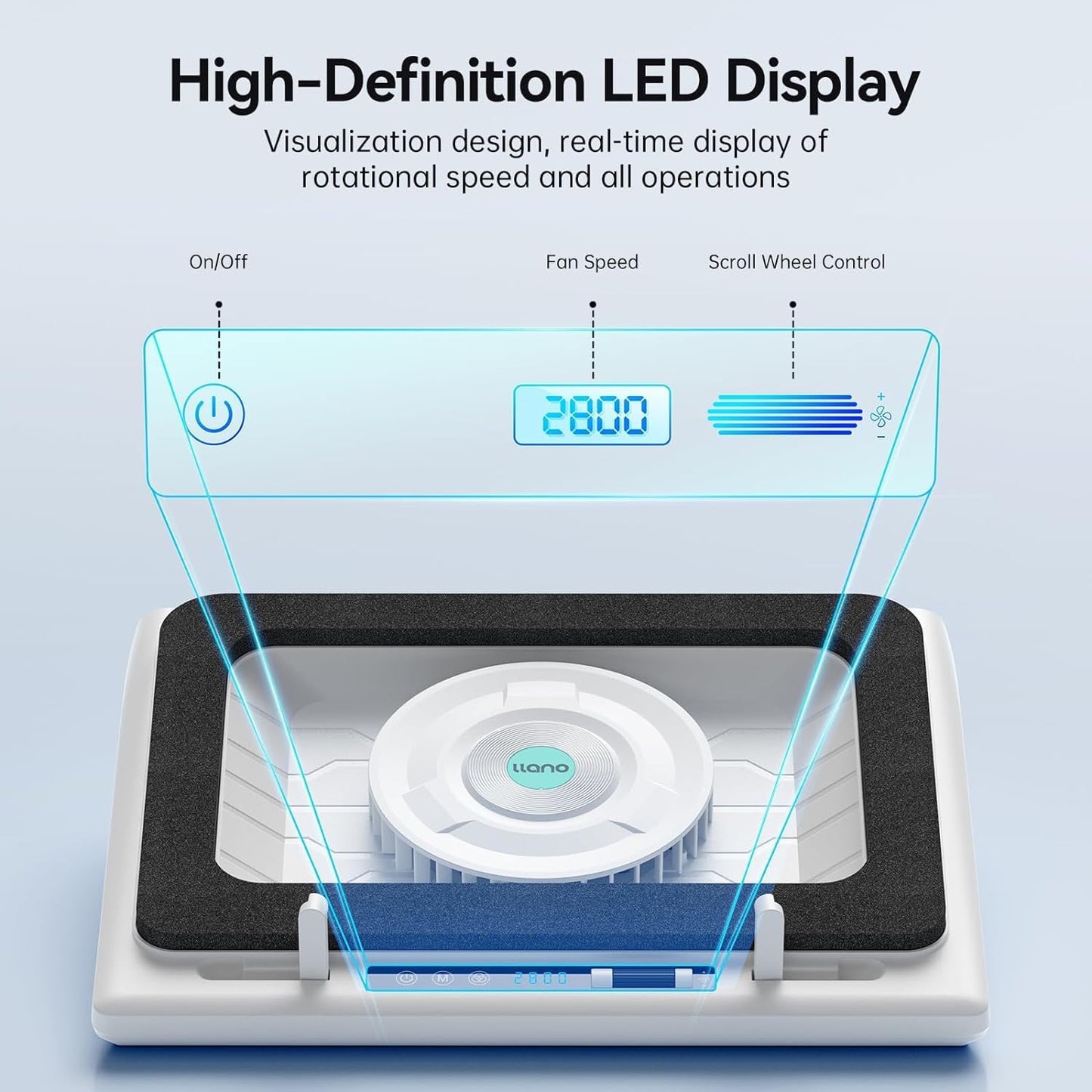 Llano V13 Laptop Cooling Pad with 5.5" Turbofan – High-Speed Cooling for 15-21 Inch Gaming Laptops, Adjustable Speed & Touch Control, 3-Port USB Hub, with Mousepad, White
