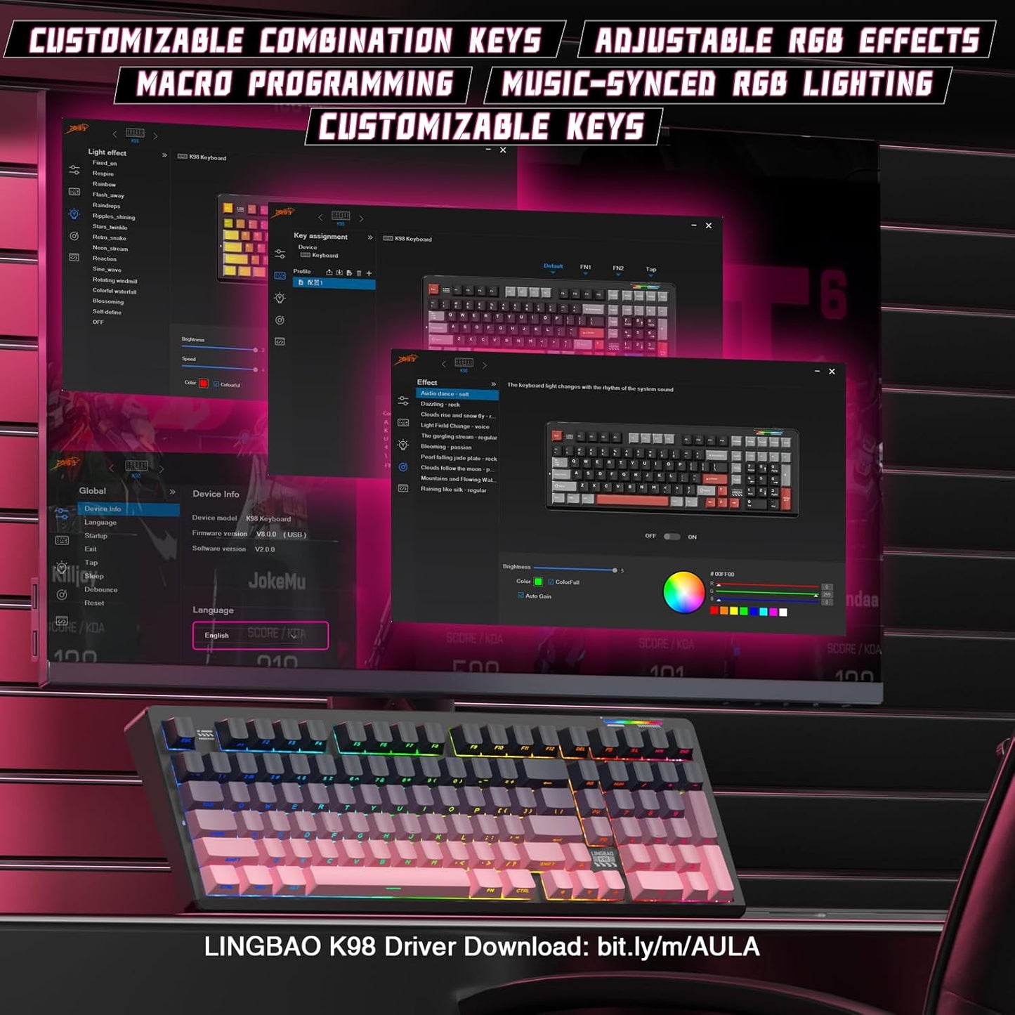 LINGBAO K98 Wireless Mechanical Gaming Keyboard, Tri-Mode BT5.0/2.4GHz/USB-C, Creamy Keyboard with Number Pad, Hot Swappable Gasket Custom Linear Switches RGB Backlit Keyboards for Win/Mac/PC/Laptop