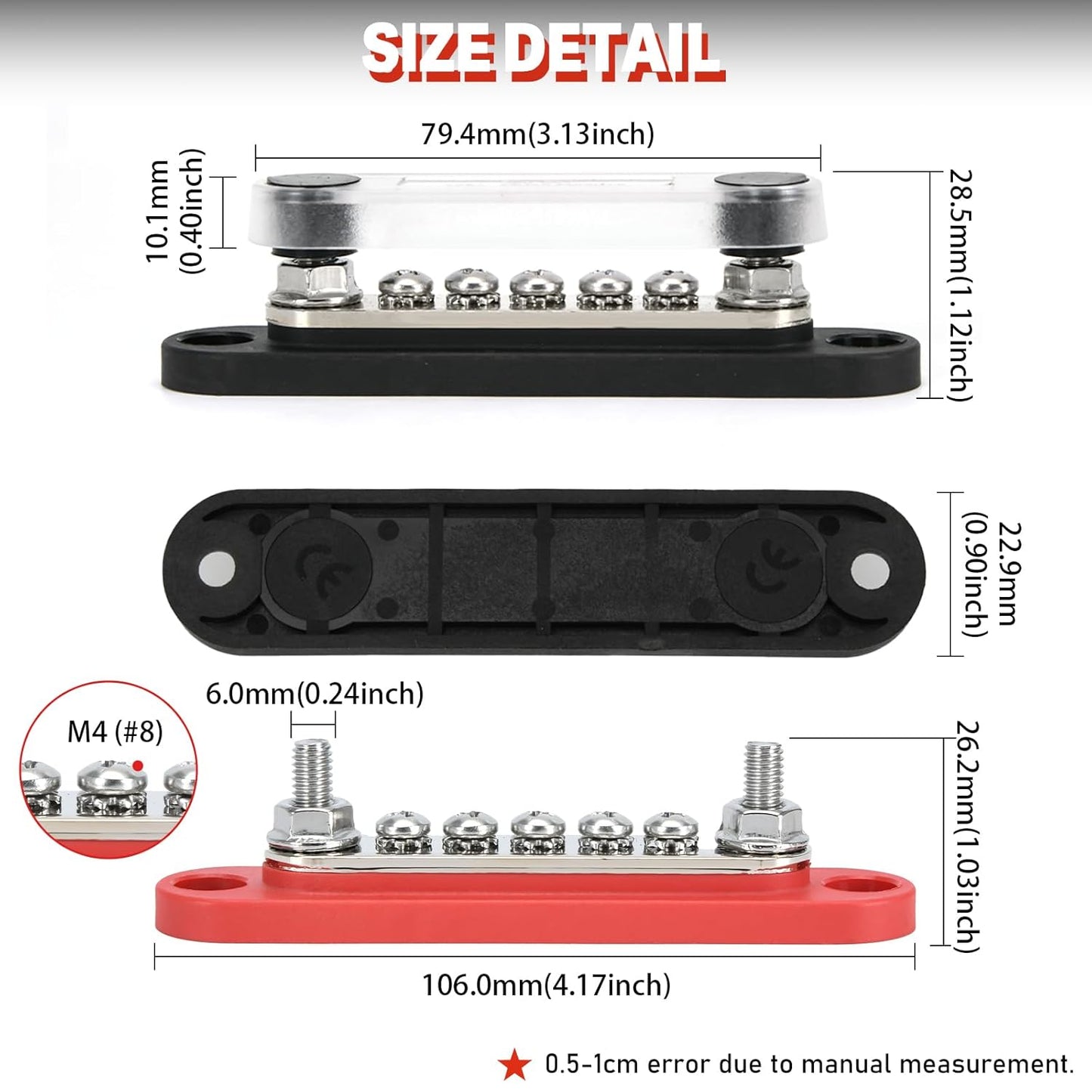 150A 12V Power Distribution Block with 2 x 1/4" (M6) Studs + 5 x M4 (#8) Screws Max 150A 48V DC 300V AC for Automotive Car Marine Truck Boat