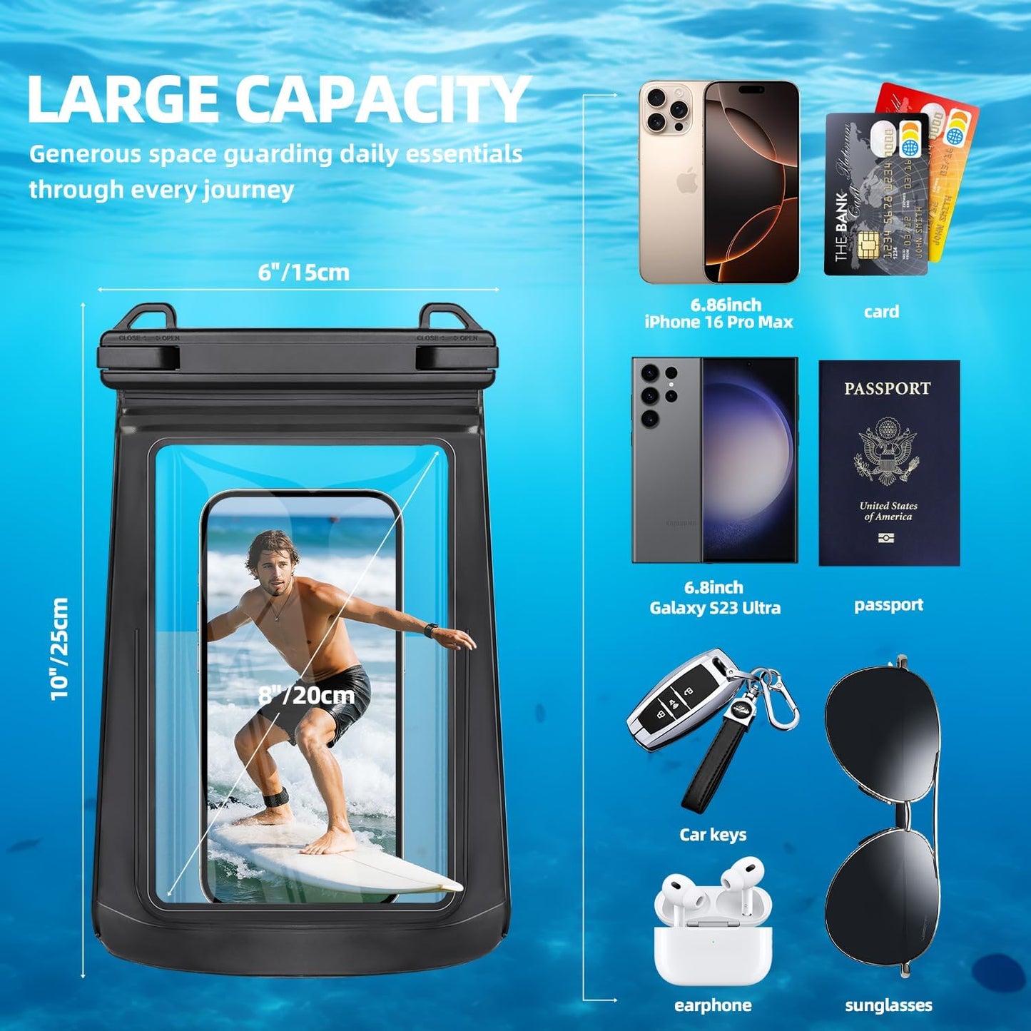 Large Waterproof Phone Pouch,Double Sealing Floating Waterproof Bag Cell Phone Dry Bag Up to 7.5", Beach Vacation Essentials Water Park Essentials(Black)