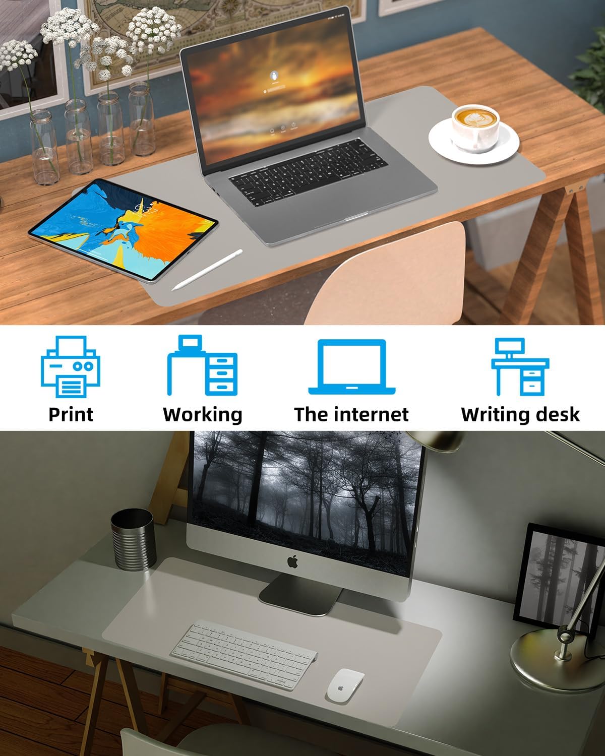 Leather Desk Protector, Laptop Mat - Non-Slip PU, Waterproof Writing Pad for Office/Home (31.5"x15.7", Light Grey)