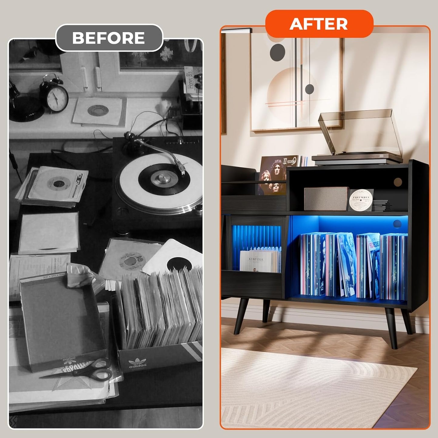 Large Record Player Stand with Sliding Door,350 Vinyl Record Storage Cabinet, Record Player Table with Power Outlet and LED Light,Turntable Stand with Wood Legs for Living Room,Bedroom,Office