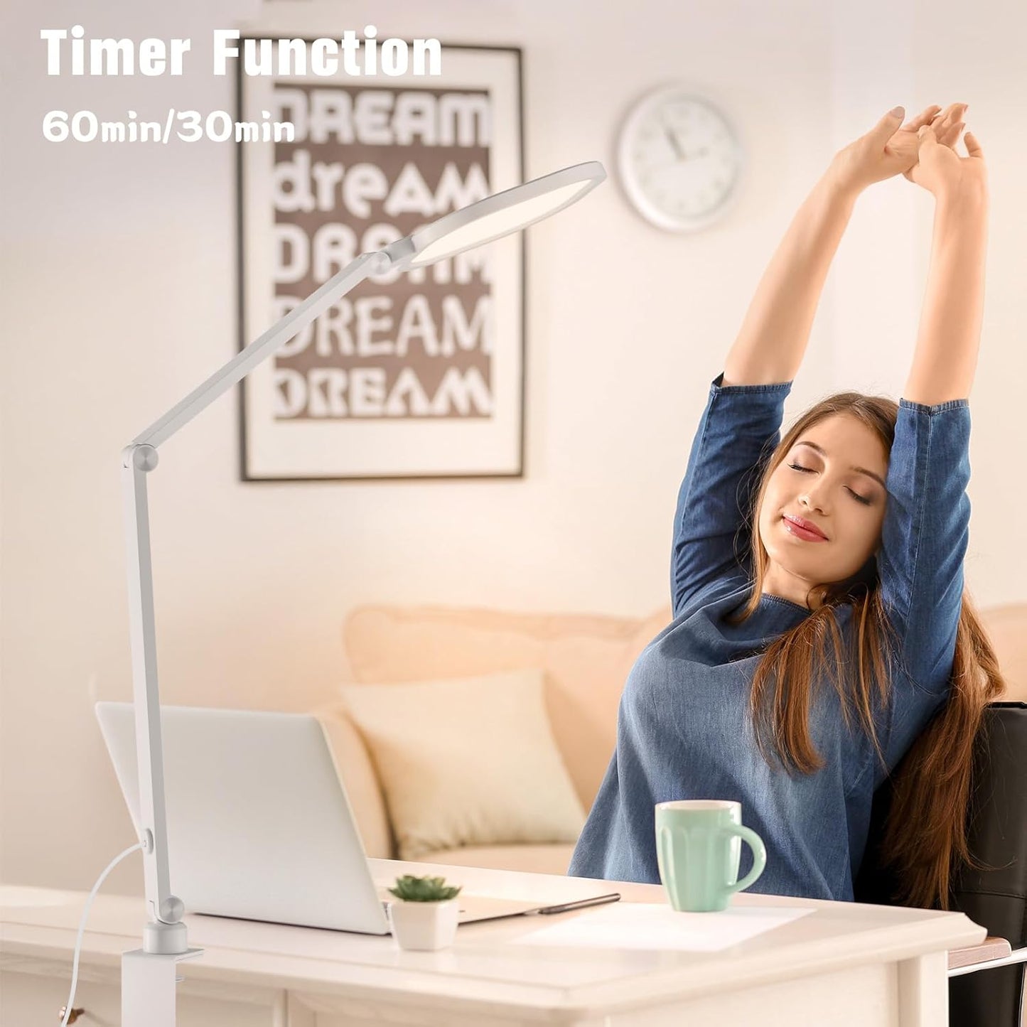 LED Desk Lamp for Home Office, 15W Desk Light with C- Clamp, Swing Arm, Memory & Timer Function, 1200LM Dimmable Computer Light for Video Calls, Conference, Study (White-Clamp)