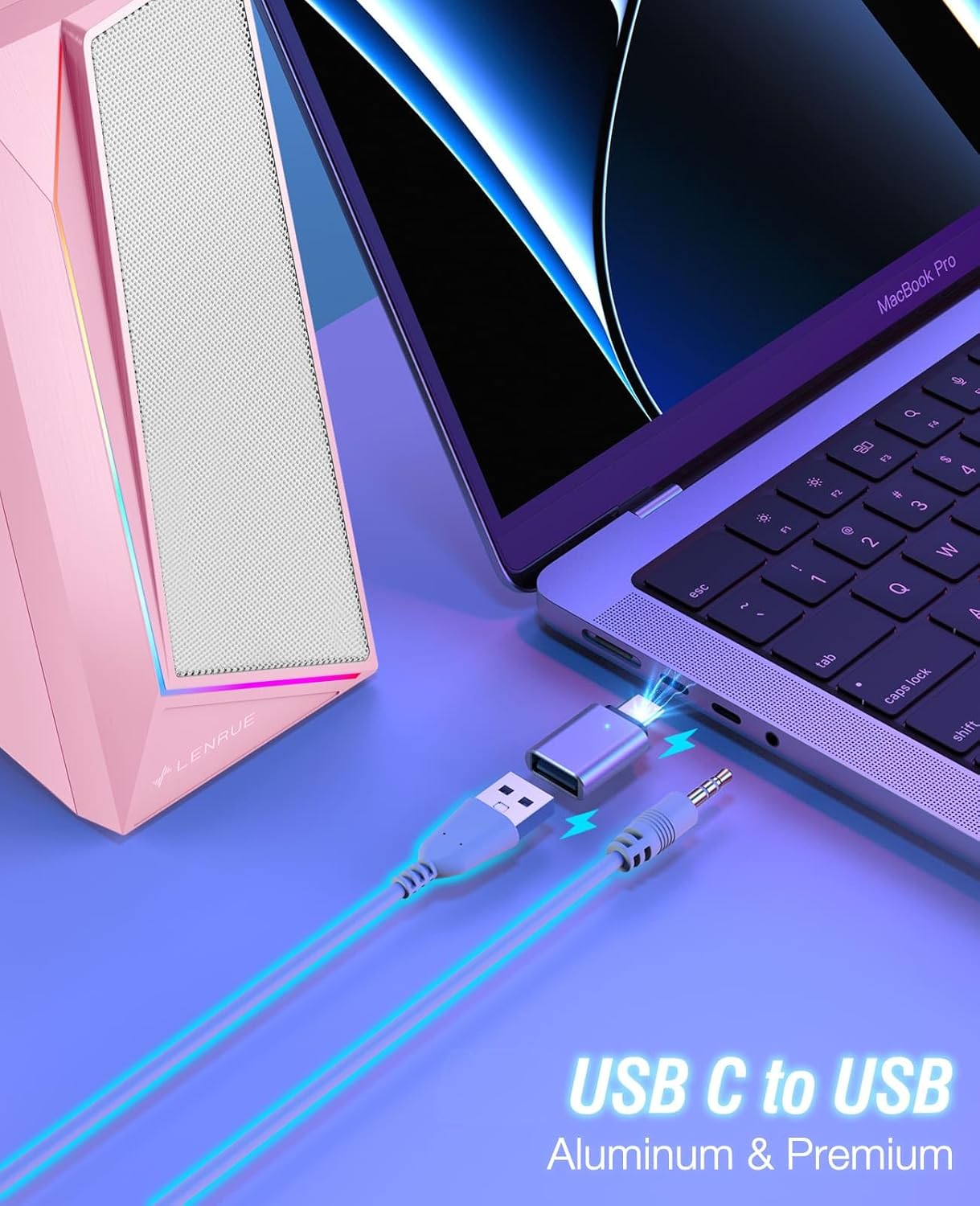 LENRUE Computer Speakers, USB/USB-C Powered PC Speakers with Loud Stereo Sound, Headphone-in for Desktop, iMac, MacBook, Laptop, Monitor (USB-C to USB Adapter Included) (Pink)