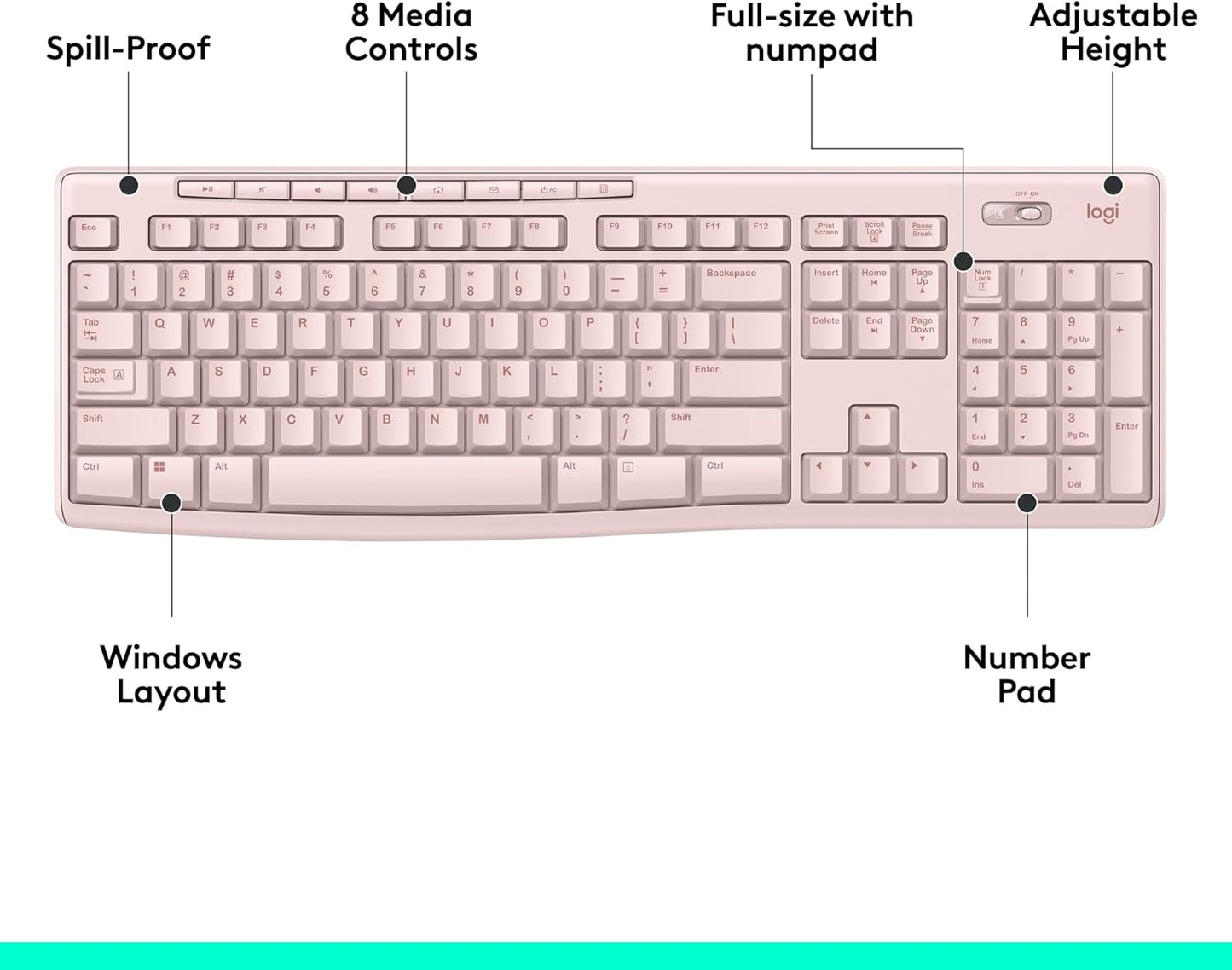Logitech K270 Wireless Keyboard for Windows, 2.4 GHz Wireless, Full-Size, Number Pad, 8 Multimedia Keys, 2-Year Battery Life, Compatible with PC, Laptop - Rose