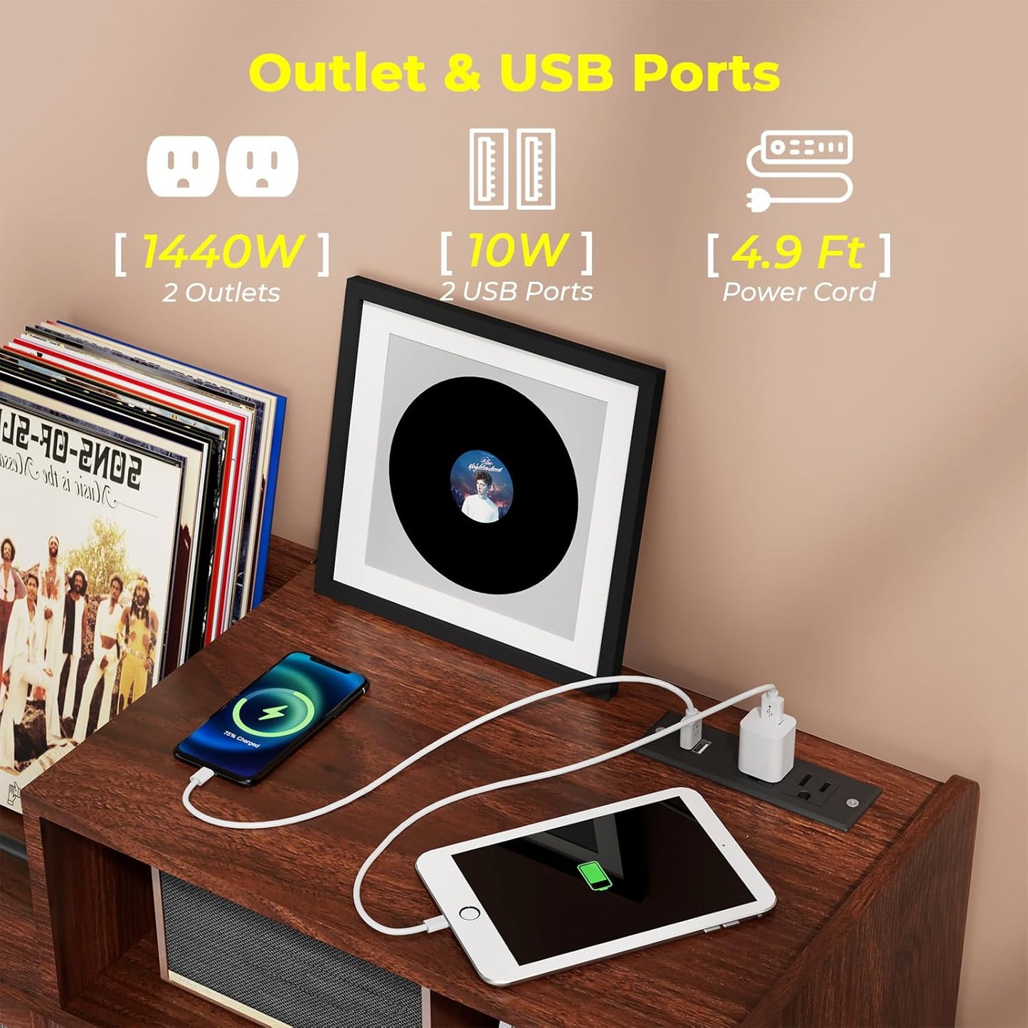 Large Record Player Stand with Sliding Door,350 Vinyl Record Storage Cabinet, Record Player Table with Power Outlet and LED Light,Turntable Stand with Wood Legs for Living Room,Office