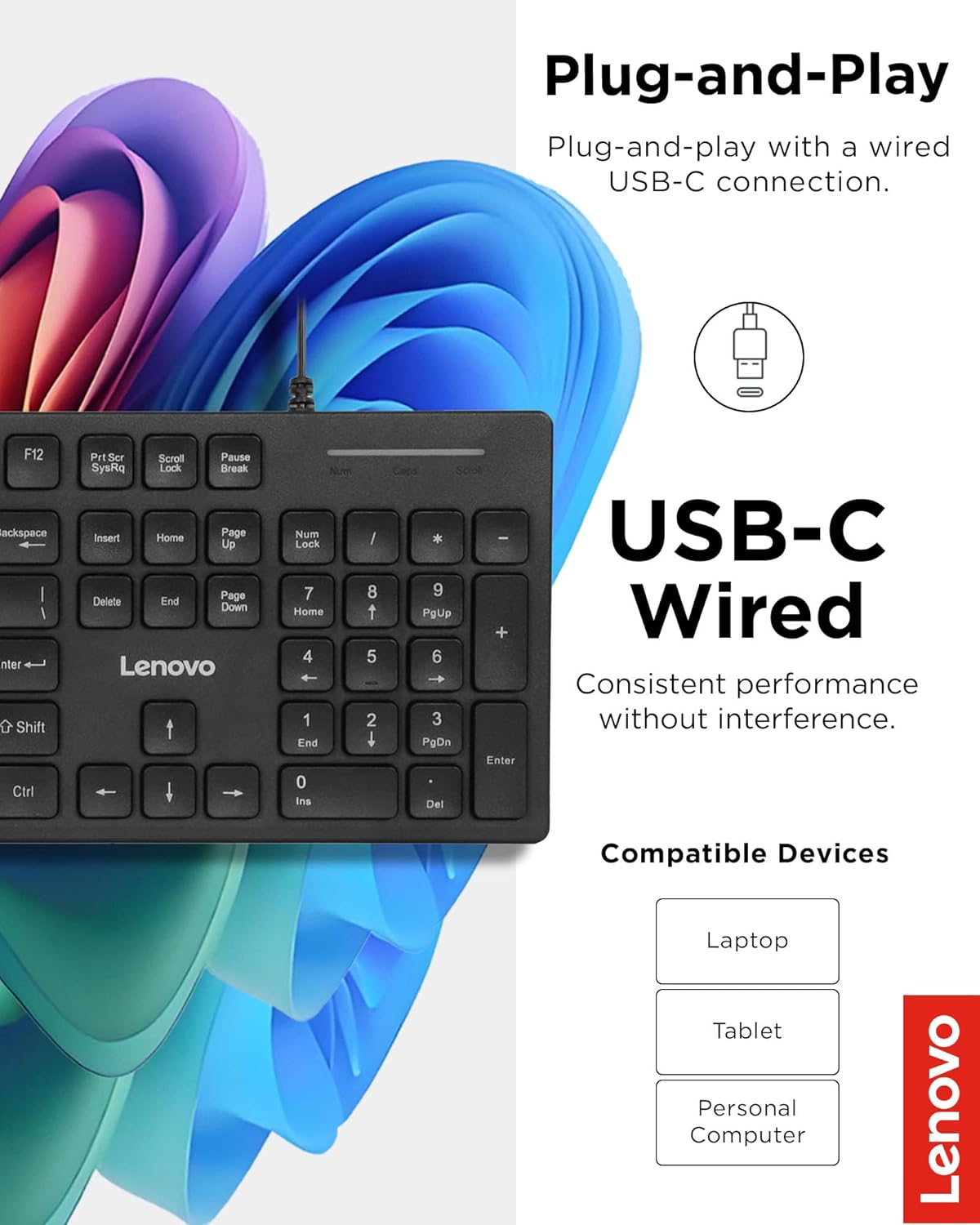 Lenovo 305 Wired USB-C Keyboard with Numeric Keypad, Full Size Keyboard, Slim Design, Black, USB-C Connectivity, Dedicated Function & AI Keys, for Gaming PC, Laptop, Desktop, Tablet, Home Office
