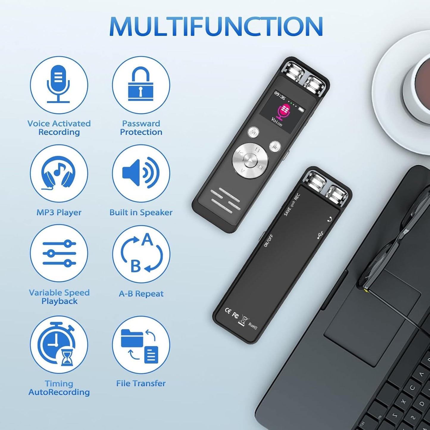 128GB Digital Voice Recorder with Playback - Voice Activated Recorders for Lectures/Meetings/Interviews, 9300Hours Audio Recorder Device, Dictaphone Tape Recorder Portable Mini with USB and Mp3 Player