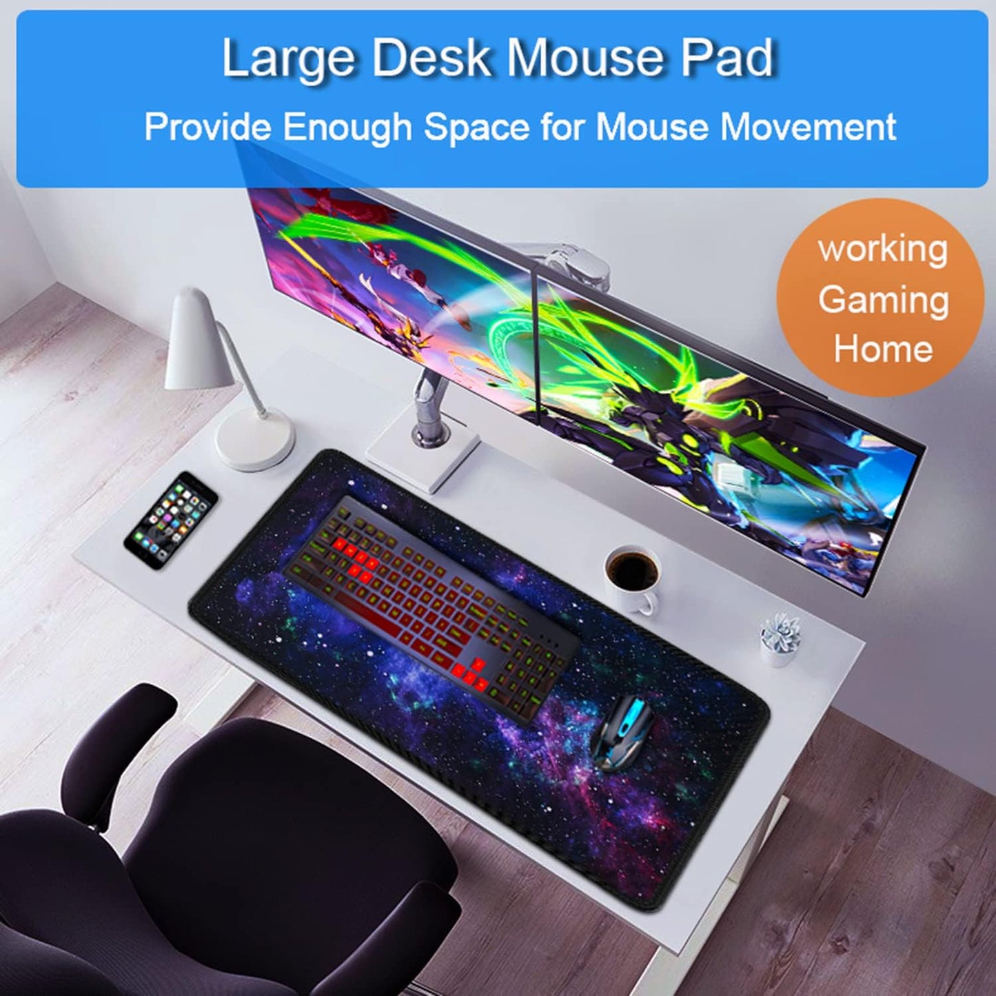 Large Mouse Pad, 31.5x15.7 inch Large Gaming Extended Computer Keyboard Mouse Mat, Water Resist Non-Slip Mousepad Rubber Base Long XXL Desk Mouse Pad for Work & Gaming, Office & Home