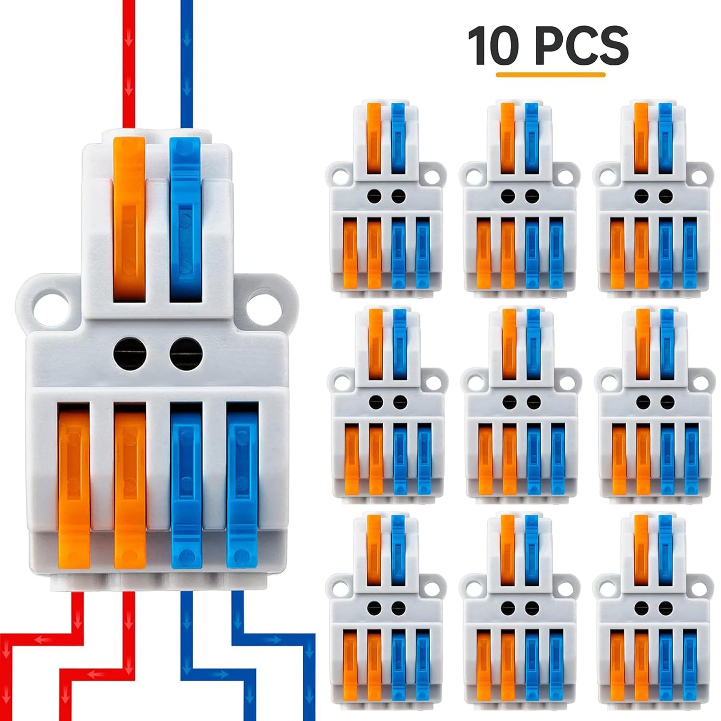 10PCS Lever Wire Connectors, Quick Wiring Cable Connectors, Compact Push-in Conductor Terminal Block(10PCS 2 in 4 Out)