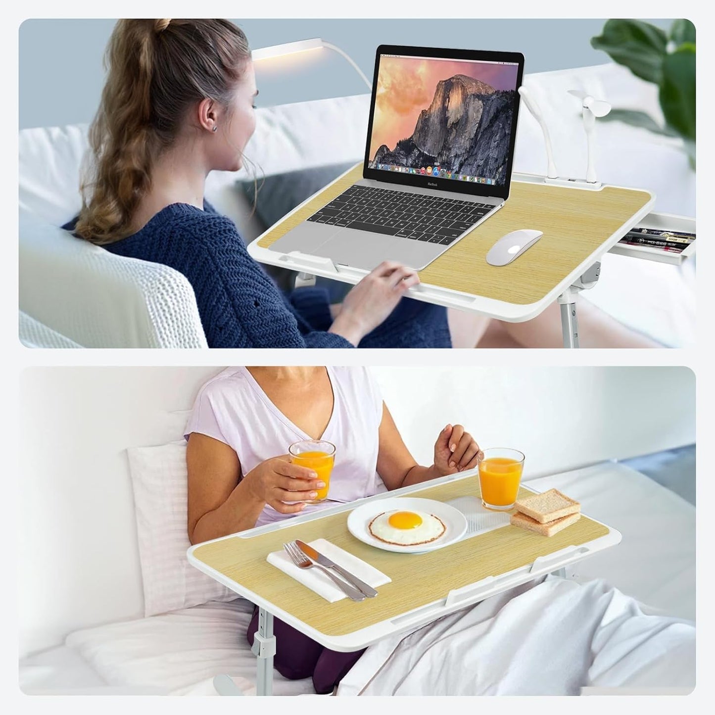 Laptop Lap Desk Include Cooling Fan,Adjustable Lap Desk with Light Fan,Folding Laptop Desk for Bed with USB,Bed Desk with Storage Drawer 60x40cm,White Oak