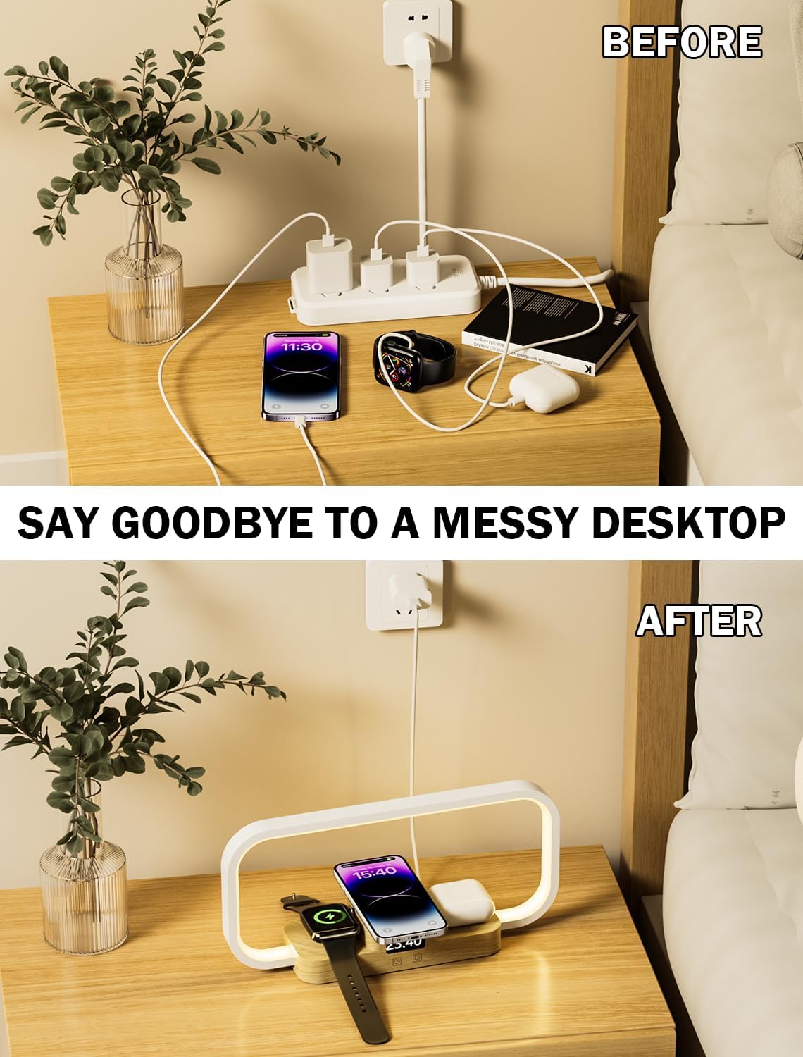 LED Bedside Lamp with Wireless Charger, 3 in 1 Touch Control Bedside Lamp, 5 Color Mode & Dimmable, Desk Lamps with Clock for Nightstand, Table Night Lamp for Bedroom, Gifts for Women, Men, Friends