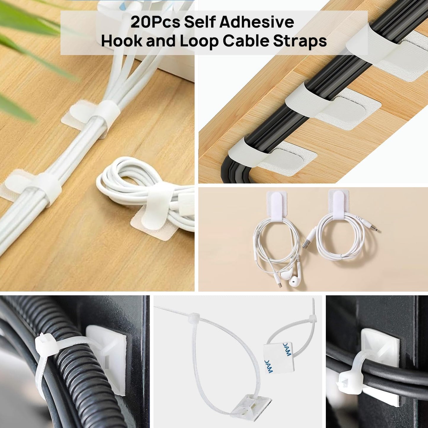 193 PCS Cable Management Kit - 4 Cable Sleeve, 57 Self Adhesive Cable Clips, 12 Hanging Strips, 12 Cable Organizer Straps and 100 Fastening Cable Ties for TV Computer Under Desk (White)