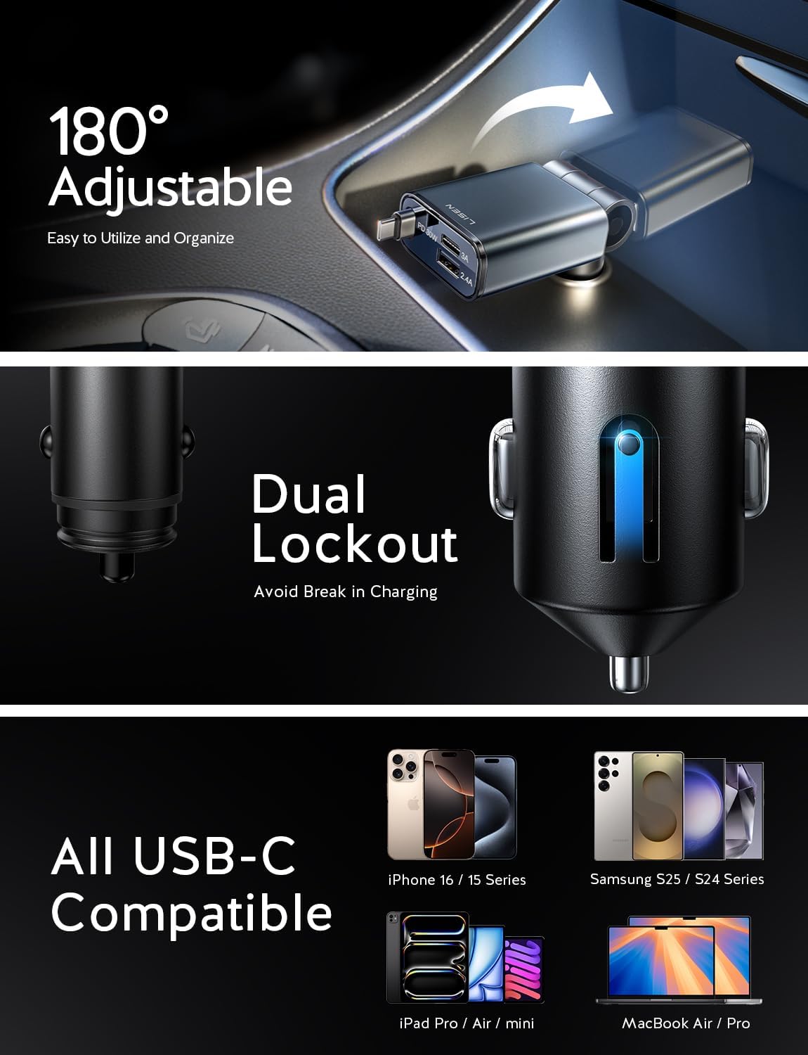 LISEN iPhone 16/15 Car Charger USB C Fast Charging Retractable,【60% Less Space,Mini】 57W Fast iPhone 16/15 USBC Type C Charger for 17 iPhone 16 15 Pro Max Plus,Samsung Galaxy S25/24 Z,Android