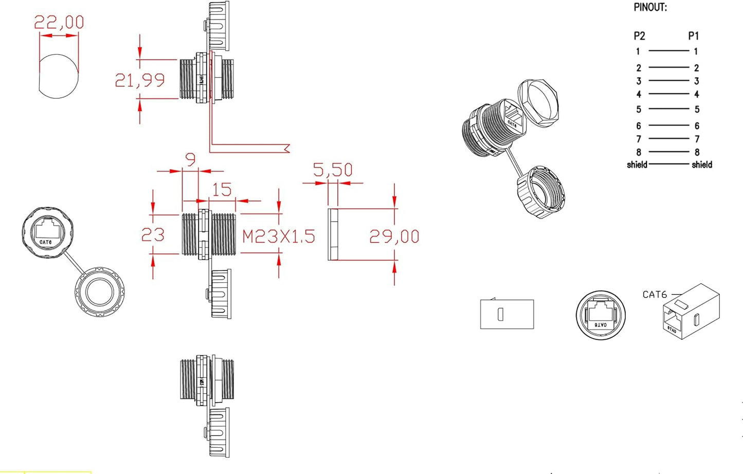 10PCS Panel Mounting Shielded CAT6 RJ45 Waterproof Connector Cat5/5e/6 8P8C Ethernet LAN Cable Coupler Double Head Adapter with Waterproof/Dust Cap