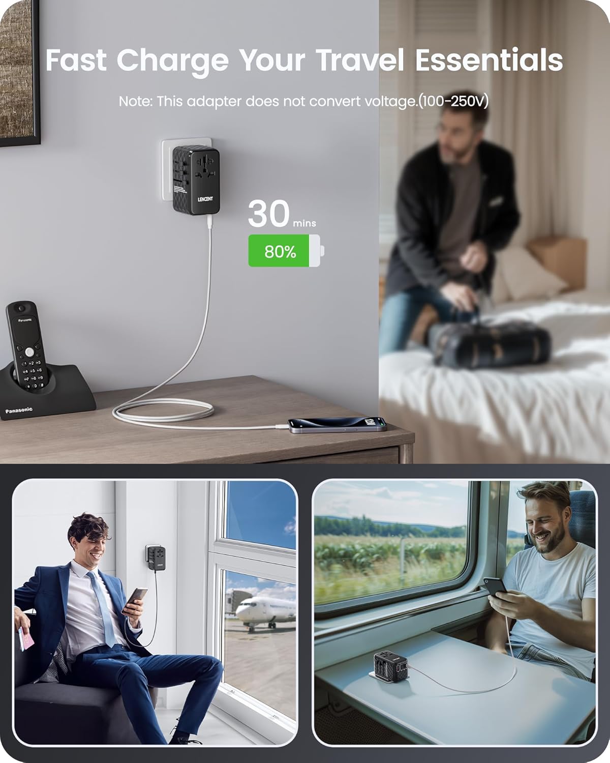 LENCENT 140W International Travel Adapter, GaN Universal Travel Adapter with 1 USB-A & 3 Type C Power Adapter, Fast Charger for Phone,Laptops, Worldwide Plug Adapter for USA/UK/EU/AUS, Black