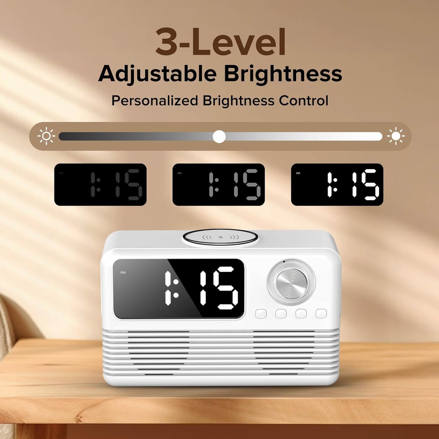 15W Fast Wireless Charger with Bluetooth Speaker and Alarm Clock Radio,4 in1 Wireless Charging Station for iPhone,Android Phones with FM Radio for Bedroom
