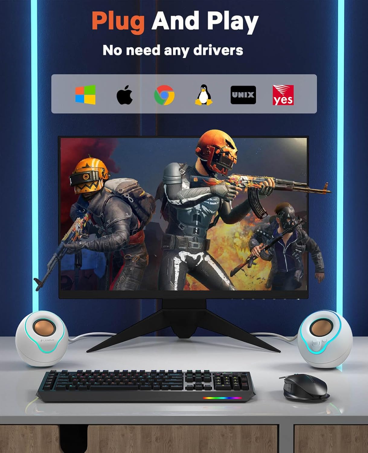 LENRUE Computer Speakers, PC Speakers with Colorful Lights Button, Volume Knob, 45 ° Tilt, Loud Sound, AUX and USB Powered for PC Desktop Monitor Laptop