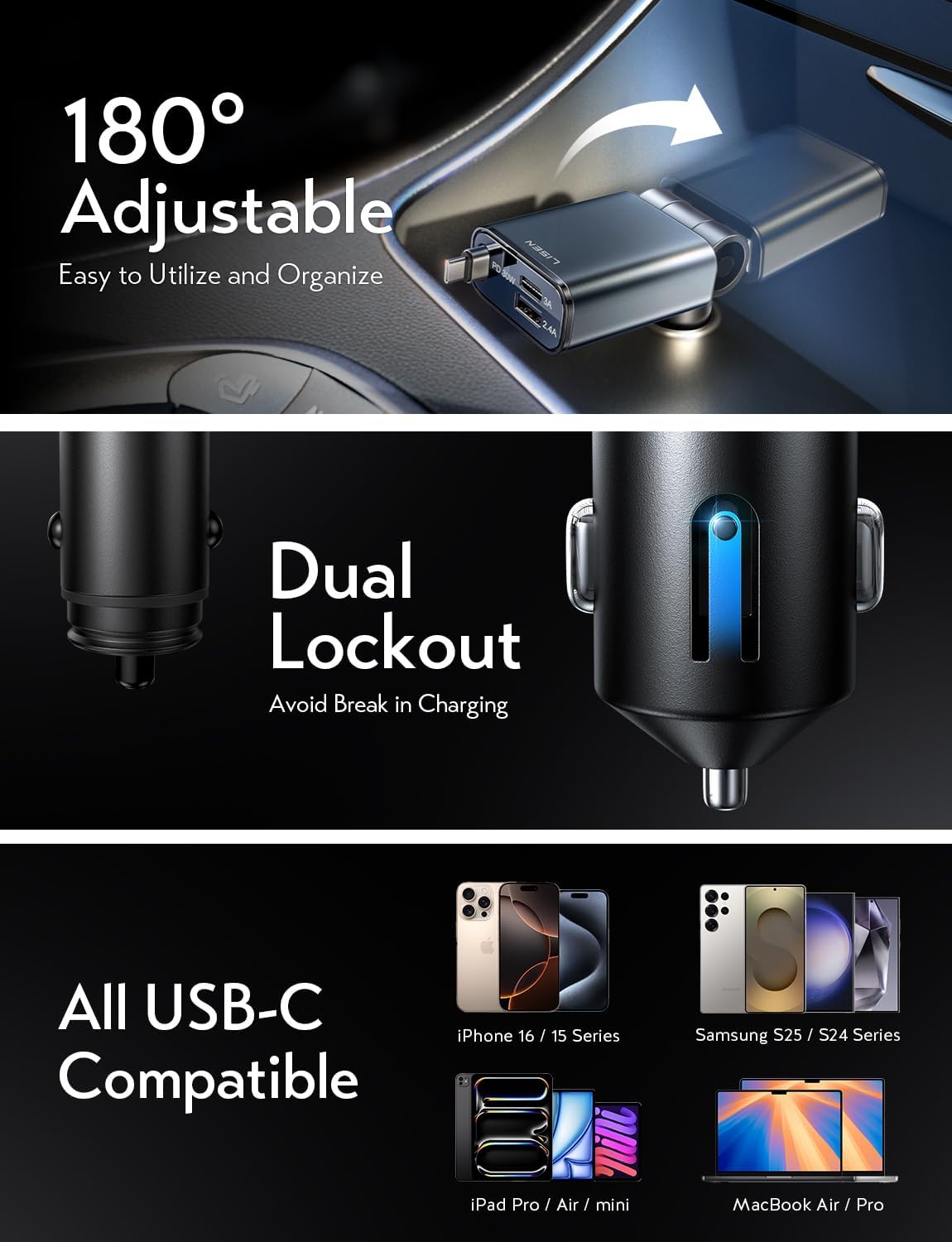 LISEN Car Charger USB C Fast Charging Retractable,【75% Less,Ultra Mini】 57W Fast iPhone 16/15 USBC Type C Car Charger Retractable for iPhone 16e 16 15 Pro Max Plus,Samsung Galaxy S25/24,Android,Black
