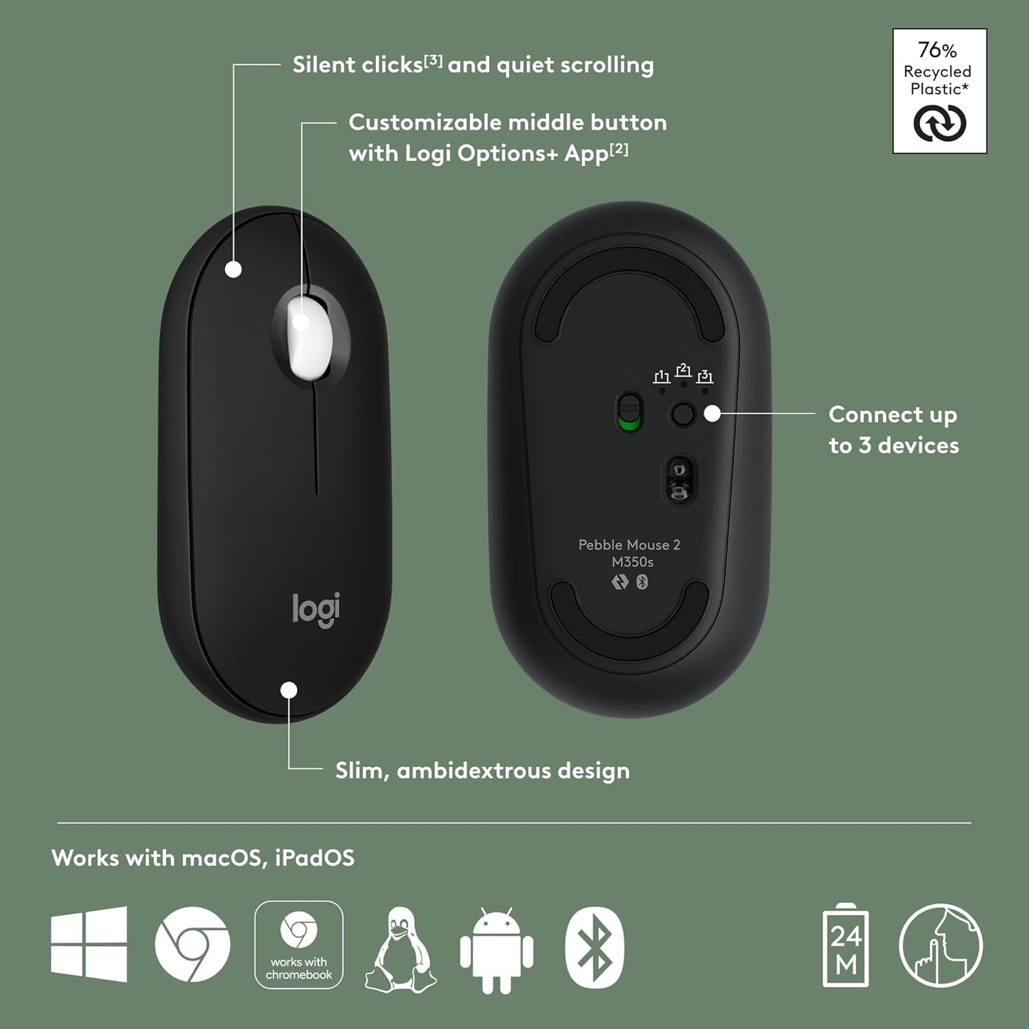 Logitech Pebble Mouse 2 M350s Slim Bluetooth Wireless Mouse, Portable, Lightweight, Customizable Button, Quiet Clicks, Easy-Switch for Windows, macOS, iPadOS, Android, Chrome OS - Black