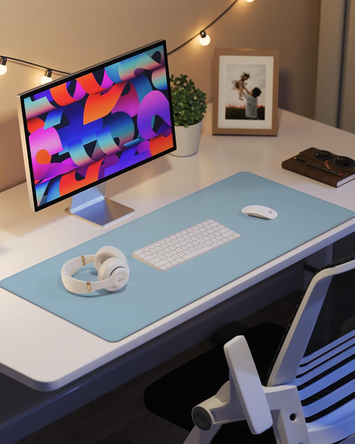 Leather Desk Pad Protector, Mouse Pad, Office Desk Mat, Non-Slip PU Leather Desk Blotter, Laptop Desk Pad, Waterproof Desk Writing Pad for Office and Home (Light Blue, 31.5" x 15.7")