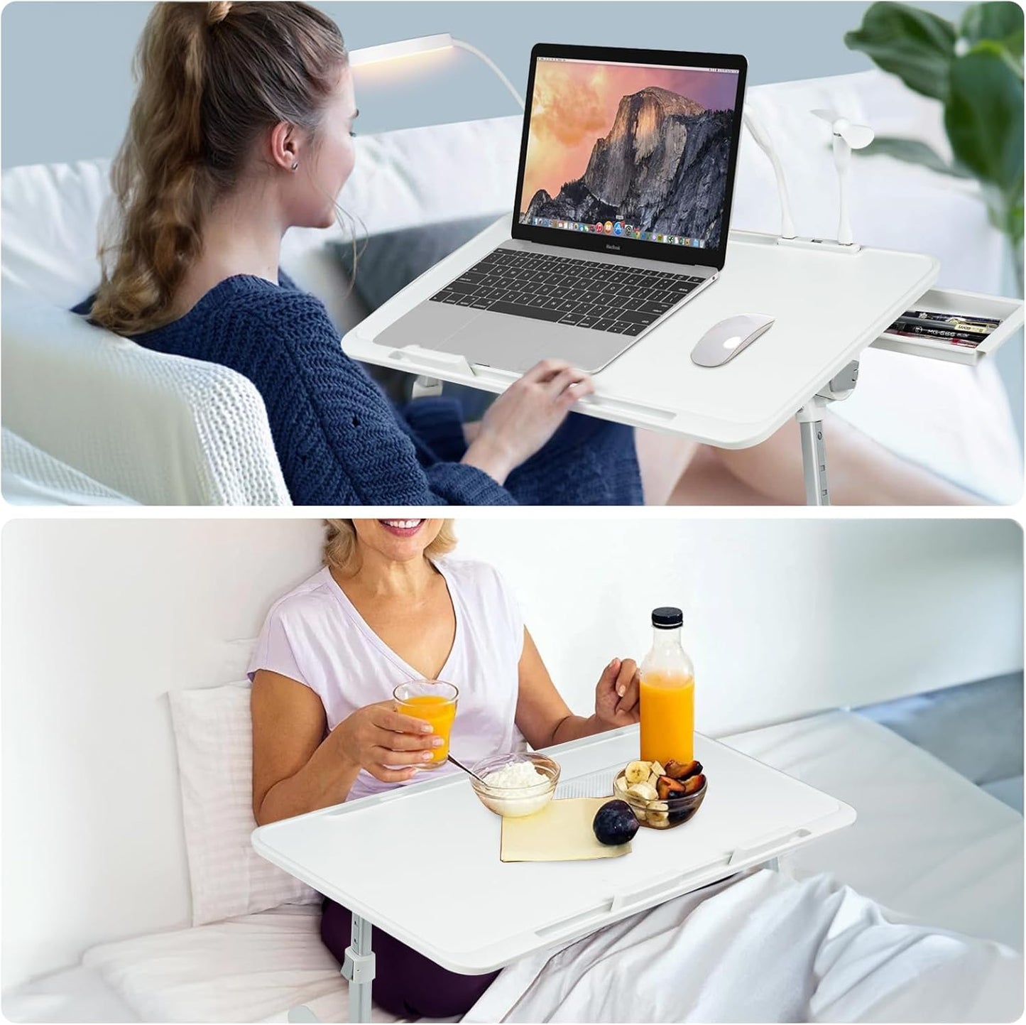 Laptop Lap Desk with Cooling Fan - Adjustable with Light, USB, Storage Drawer - Folding Bed Desk,22.04"*12.59",Grey