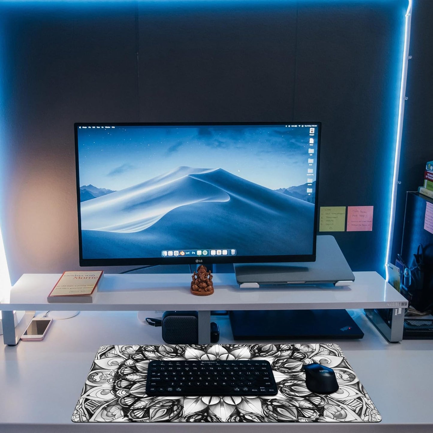 Large Gaming Mouse Pad for Desk, Black and White Mandala Desk Mat, Mandala Flower Desk Pad, 31.5"x15.7" Extended Big Computer Keyboard Mouse Pad with Non-Slip Base and Stitched Edge