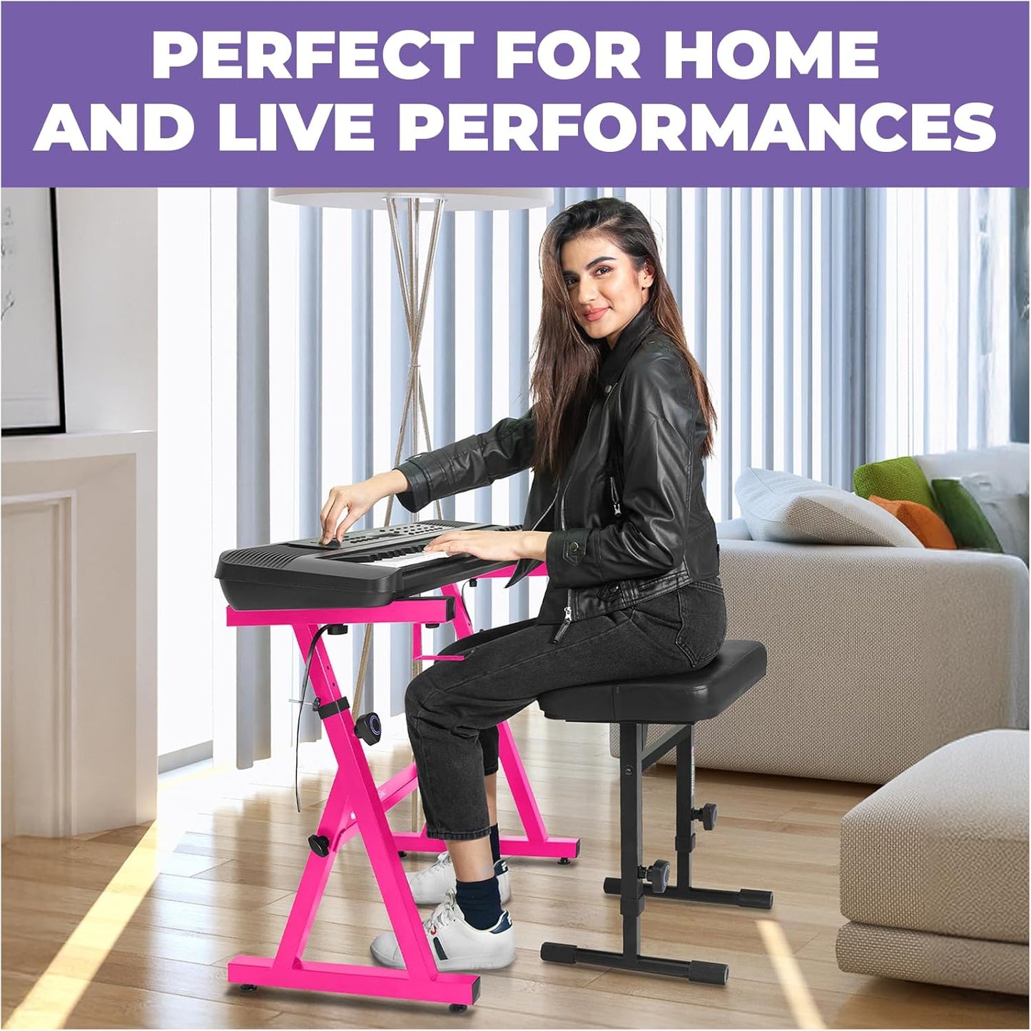 Liquid Stands Pink Portable Heavy Duty Digital Keyboard Stand and Bench Set - Adjustable Music Stand and Seat for 54-88 Key Electric Pianos