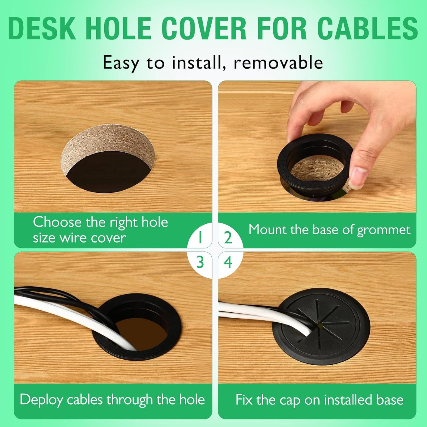 10 Pcs Desk Grommet 2" / 50 mm, Desk Hole Cover for Cables White, Cable Grommet ABS Plastic, Desk Hole Grommet for Home & Office Pc, Detachable Cable Cord Organizer