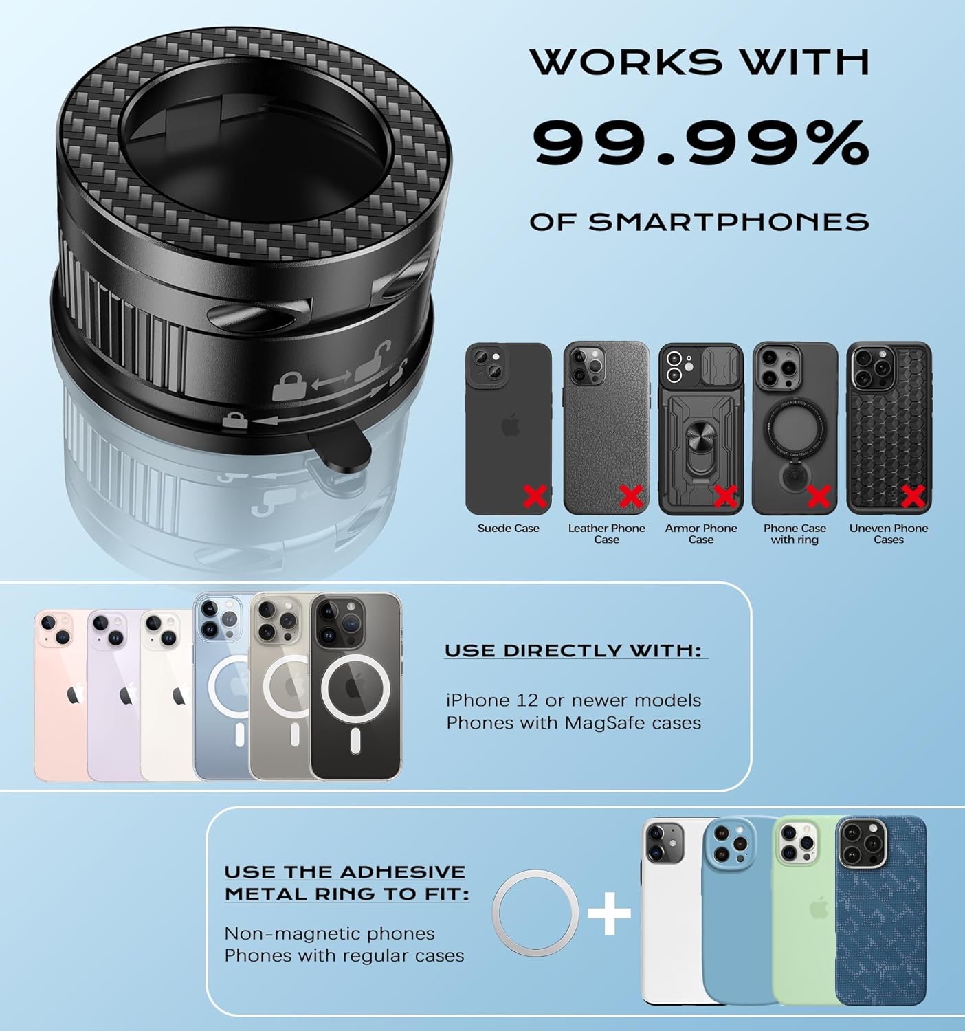 Latest Upgraded Suction Cup Phone Mount Nano Gel 360°Phone Stand Vacuum Magnetic Car Phone Holder for MagSafe Car Mount 110 LBS Car Accessories for iPhone 16/15/14/13/12 / Android