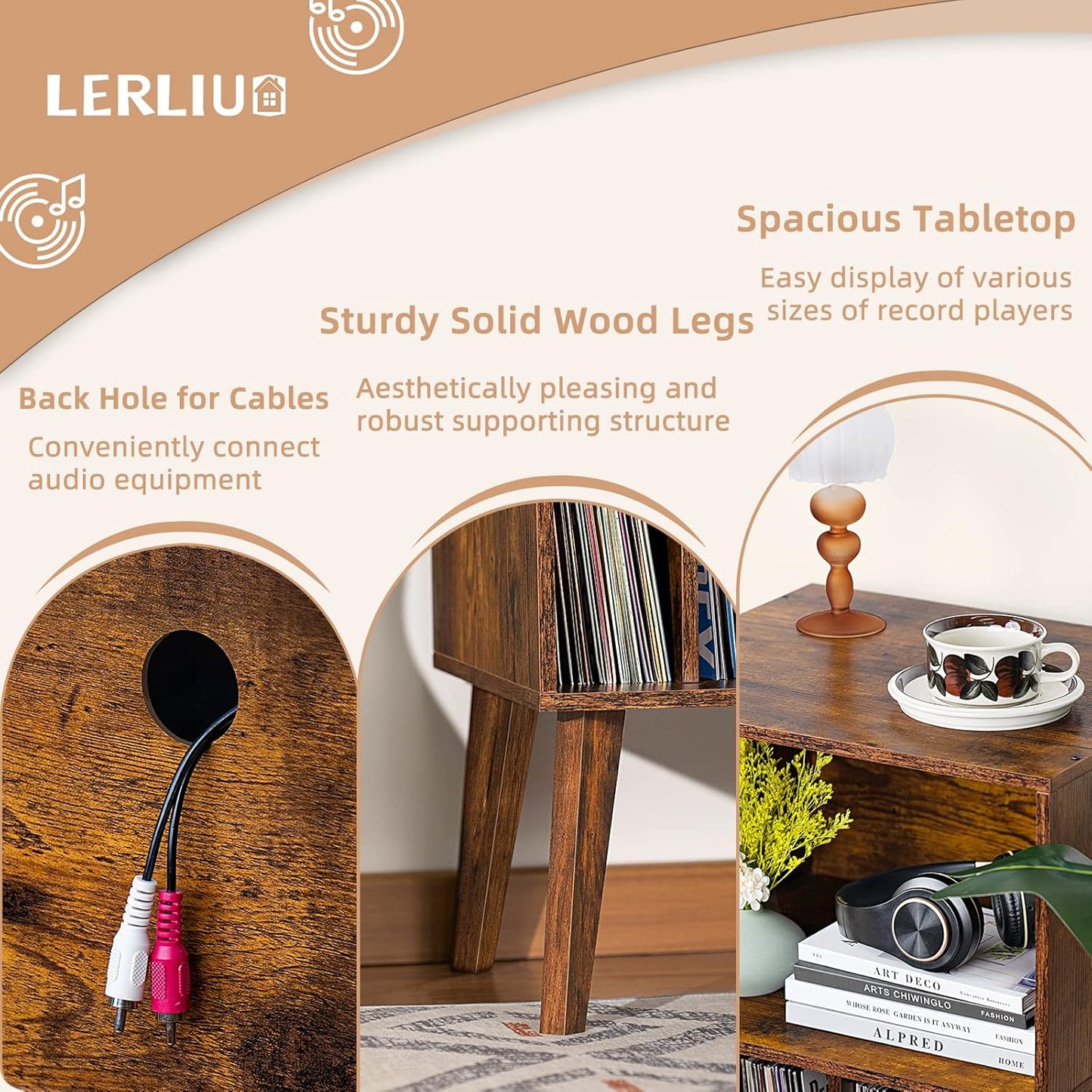 Lerliuo Record Player Stand, Brown Turntable Stand Holds up to 160 Albums, Mid-Century Vinyl Storage Cabinet Table with Solid Wood Legs, Record Player Holder Dispaly Shelf for Bedroom Living Room