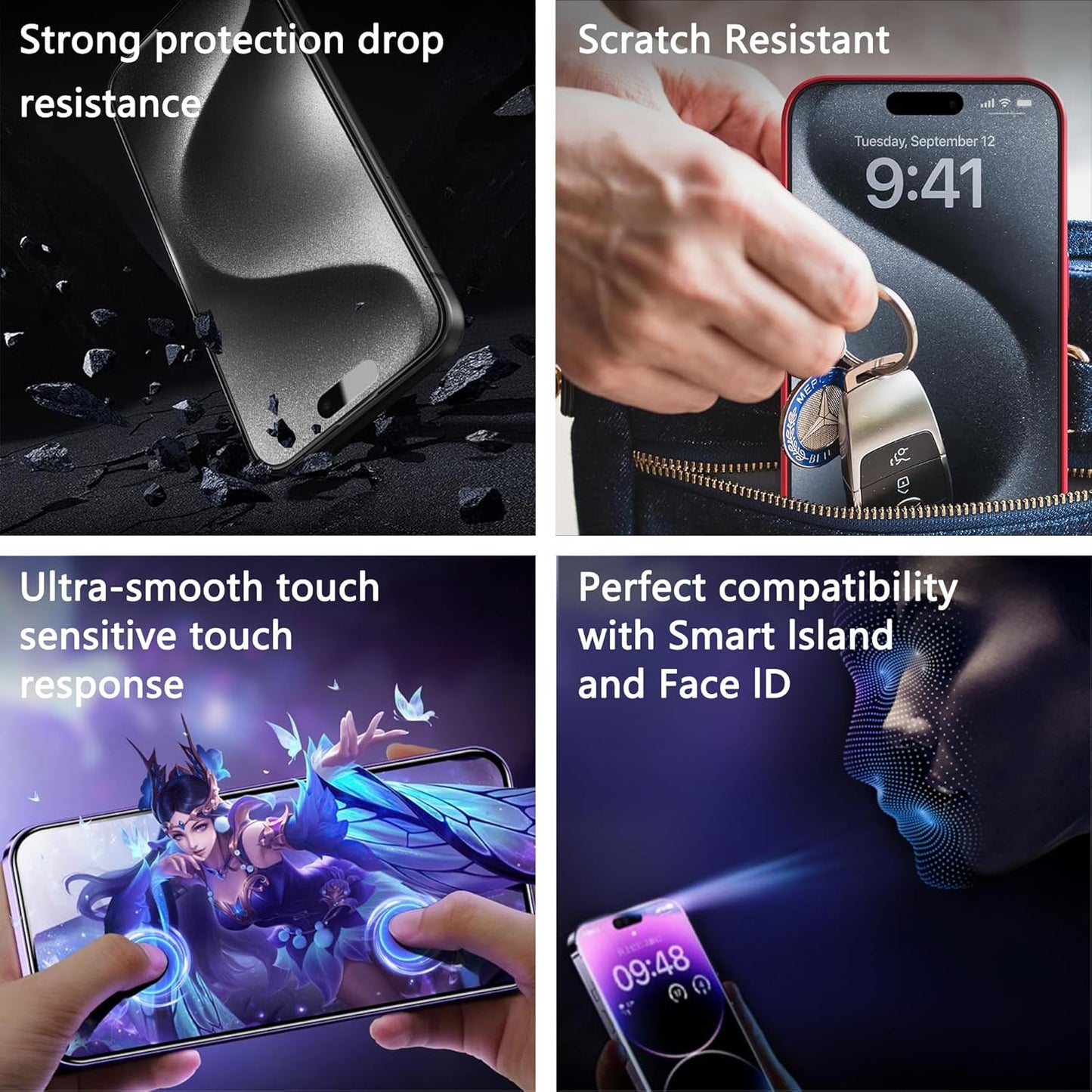 2 Pack Matte Screen Protector for iPhone 15 Pro, 9H Tempered Glass, Full Coverage, Anti-Fingerprint, Auto Dust-Elimination, No Bubble, Easy Installation