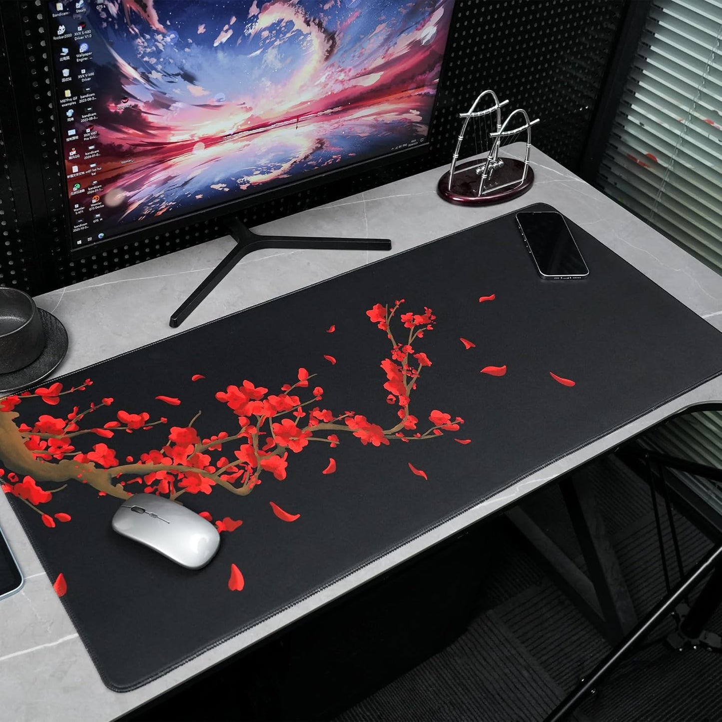 Large Gaming Mouse Pad for Desk, Black Plum Blossoms XXL Mouse Pad, 35.4x15.7 Inch, Waterproof, Non-Slip Rubber Base