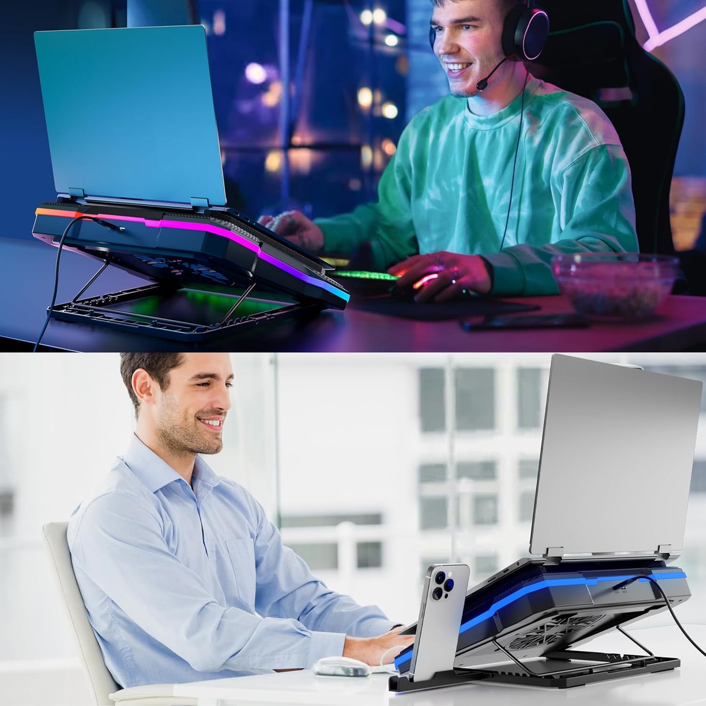 Laptop Cooling Pad Powerful Turbo Fan RGB Gaming Notebook Cooler, Moojay Laptop Fan Cooling Stand with 8 Adjustable Heights and Phone Holder, for 14-19 Inch Laptops - Ice Blue LED Light