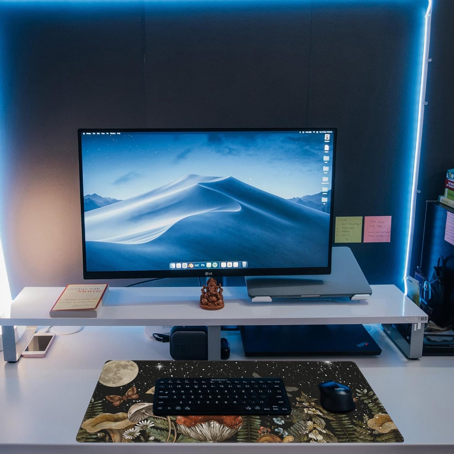 Large Gaming Mouse Pad for Desk,Cute Forest Mushroom Desk Mat,Starry Night Mushroom Desk Pad,Extended Big Computer Keyboard Mouse Pad with Non-Slip Base and Stitched Edge,31.5"x11.8"