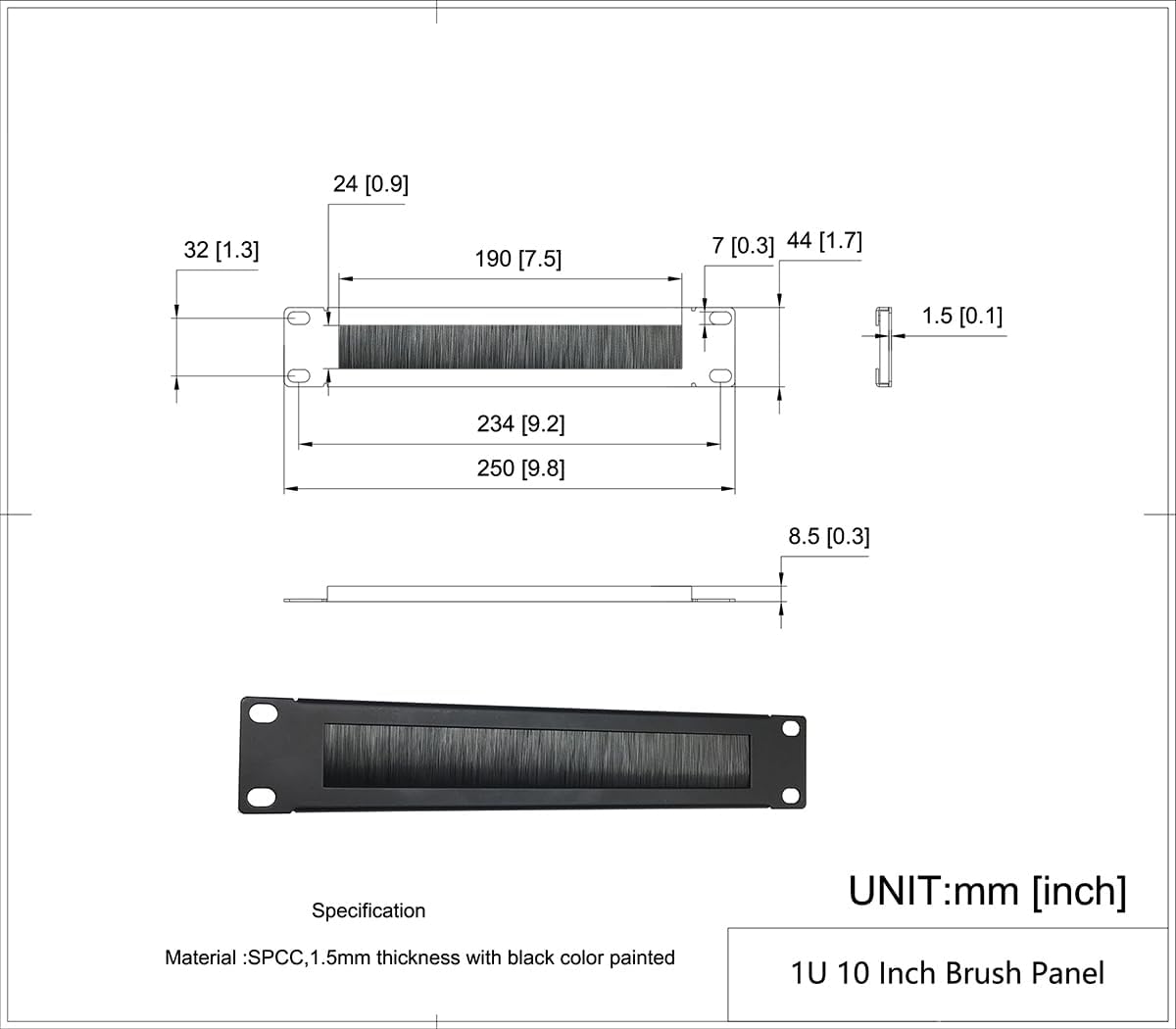 1U Mini 10 inch Brush Cable Management Panel Cable Manager with Brush Strip for Cable Entry in 10 Inch Server Rack, Network Cabinet or Desktop Rack